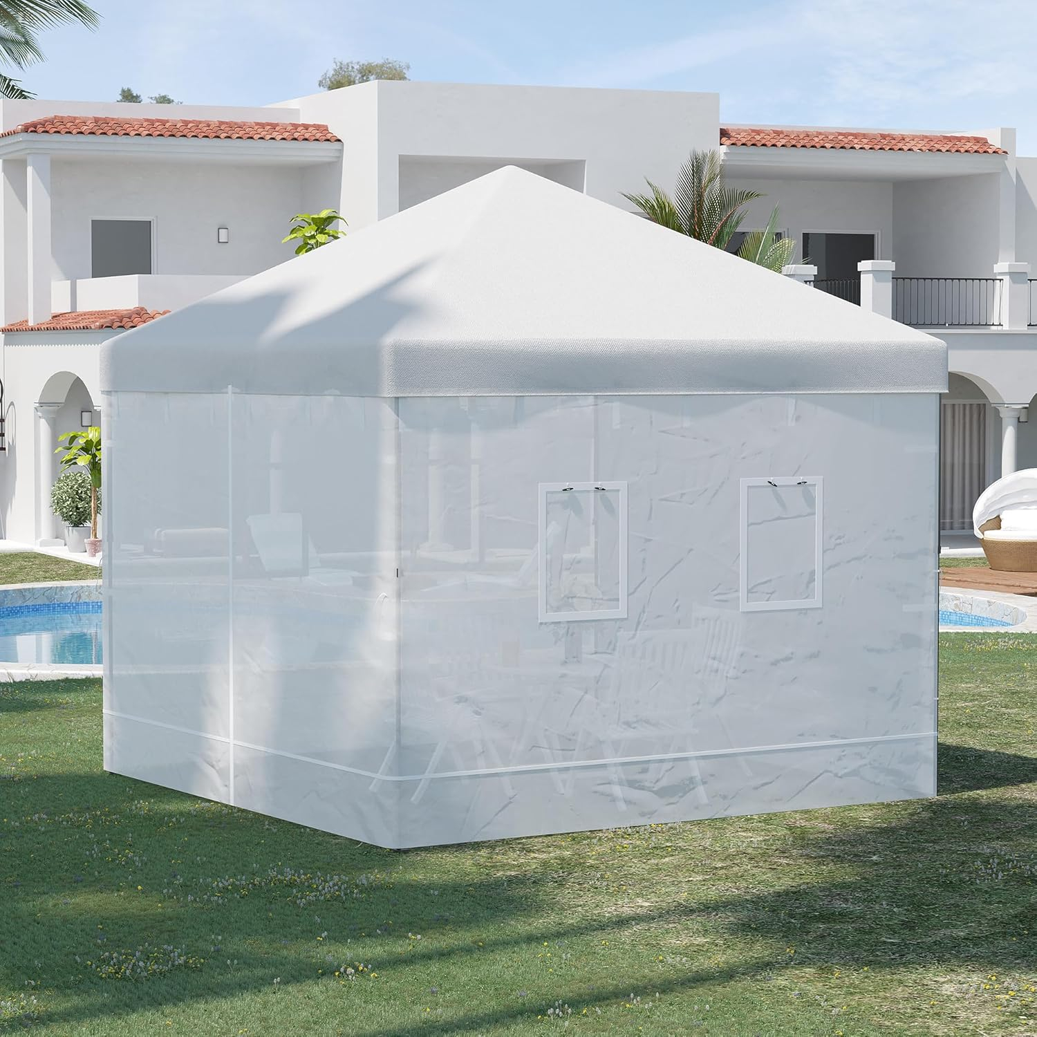 Outsunny Pop up Canopy Walls, Replacement Canopy Netting for 10' x 10' Canopy Tent, Set of 4 Mesh Screen Sidewalls, Patio Netting w/ 6 Service Windows and 1 Door, White
