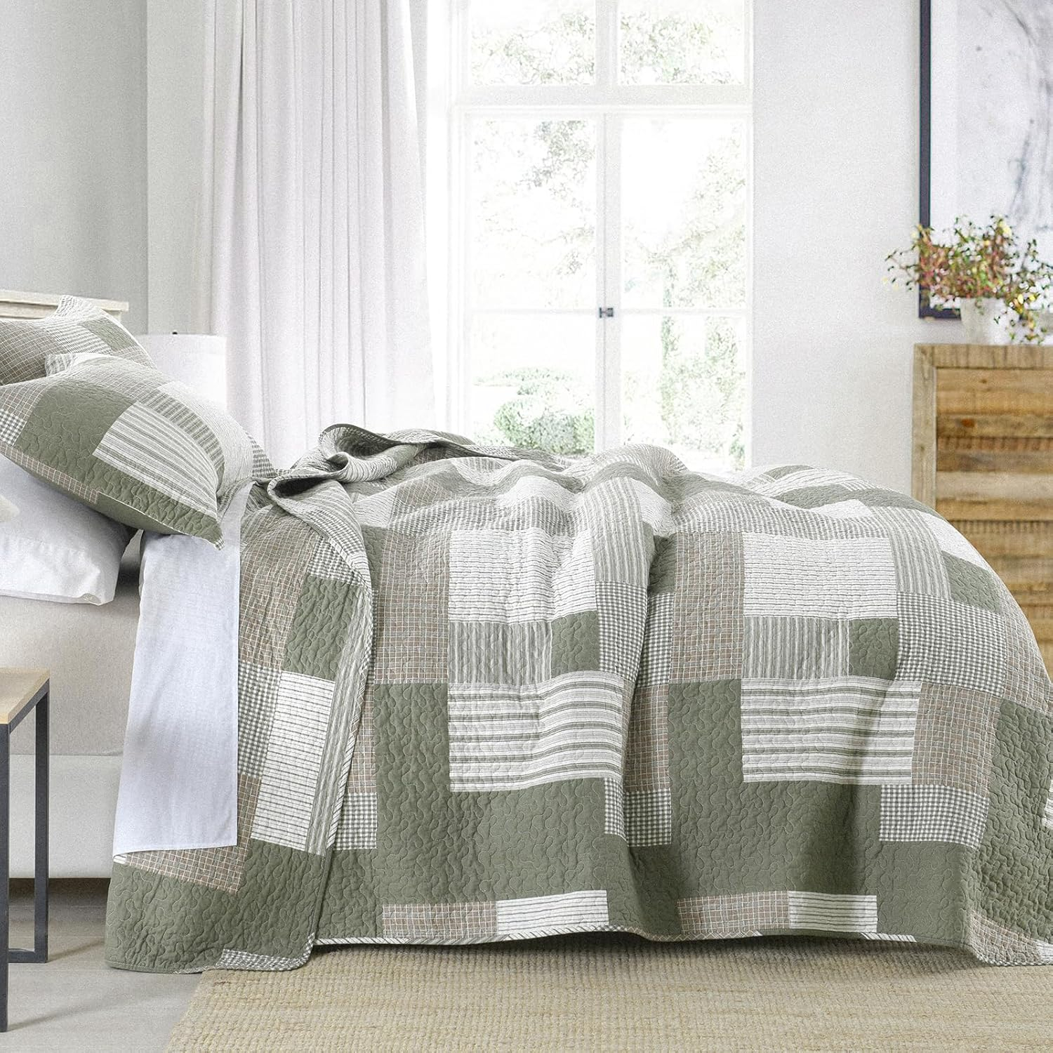 Y-PLWOMEN 100% Cotton Quilt King Size - Plaid Quilt Farmhouse Lightweight Quilted Bedspread, King Comforter Set, Soft Bed Spread for King Bed with Pillow Shams