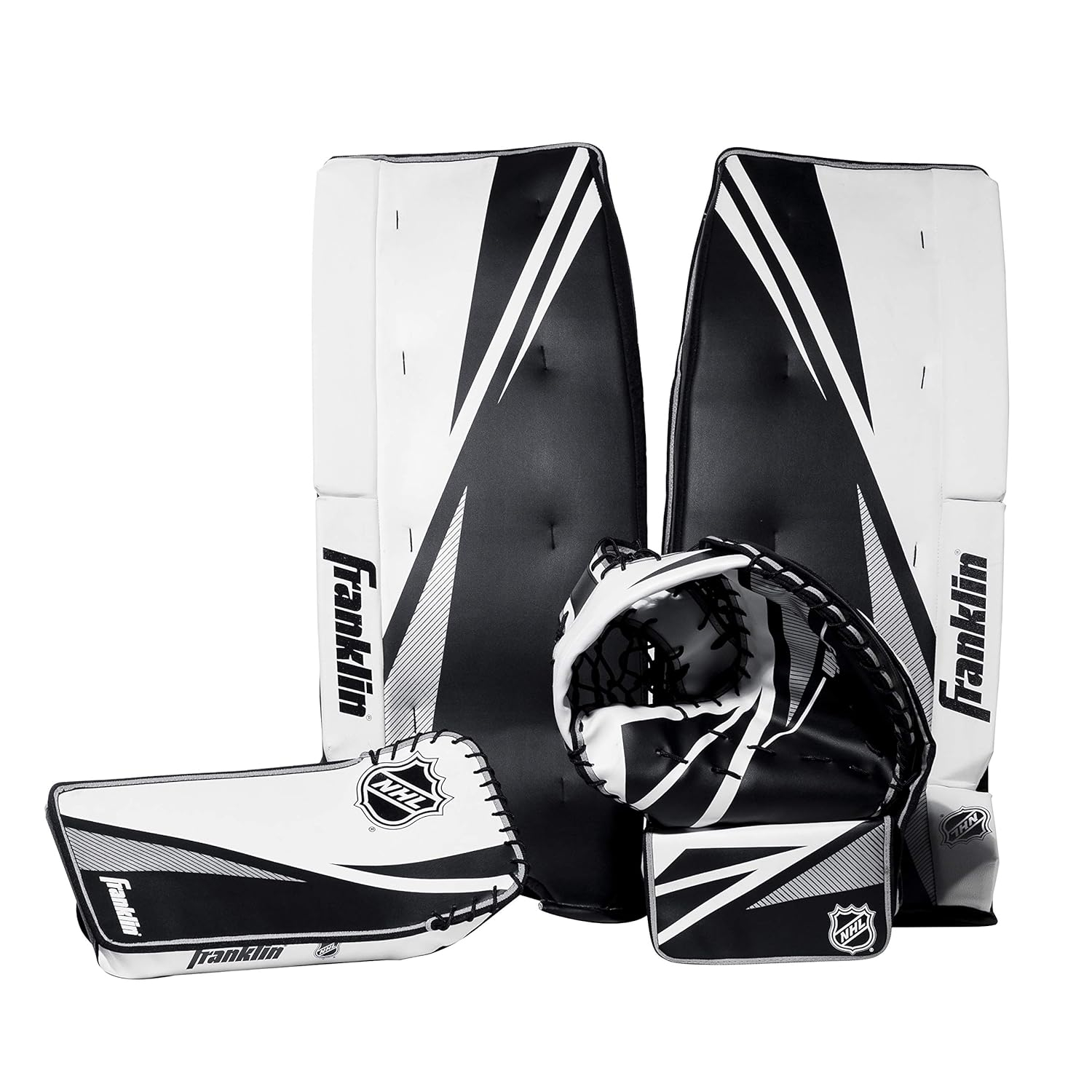 Franklin Sports Street Hockey Goalie Equipment Set - NHL Youth Street Hockey Goalie Pads - Leg Pads, Catch Glove, and Blocker - Youth Goalie Gear Black, 12"
