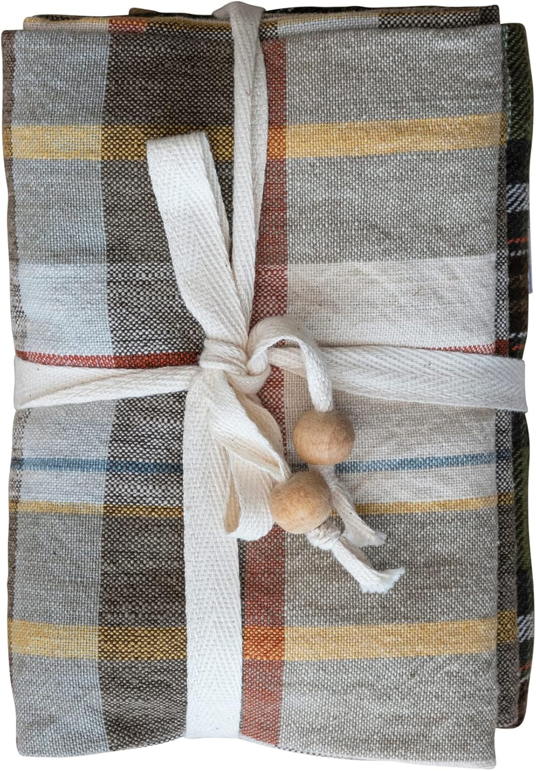 Creative Co-Op 28" L x 18" W Cotton Printed Tea Towels w/Tie w/Wood Beads, Multi Color Plaid, Set of 3
