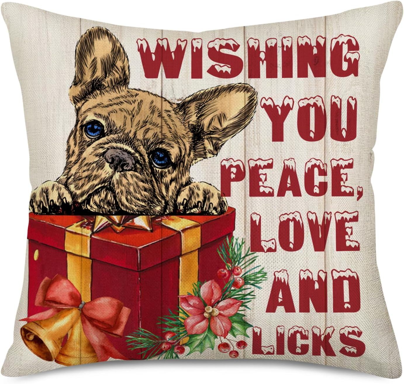 Tlovudori Xmas Winter Holiday Pillow Covers Vintage Wood French Bulldog Merry Blessing Quote Words Red Mistletoe Pillowcase Home Sofa Couch Car Cushion Cover 18”x18”