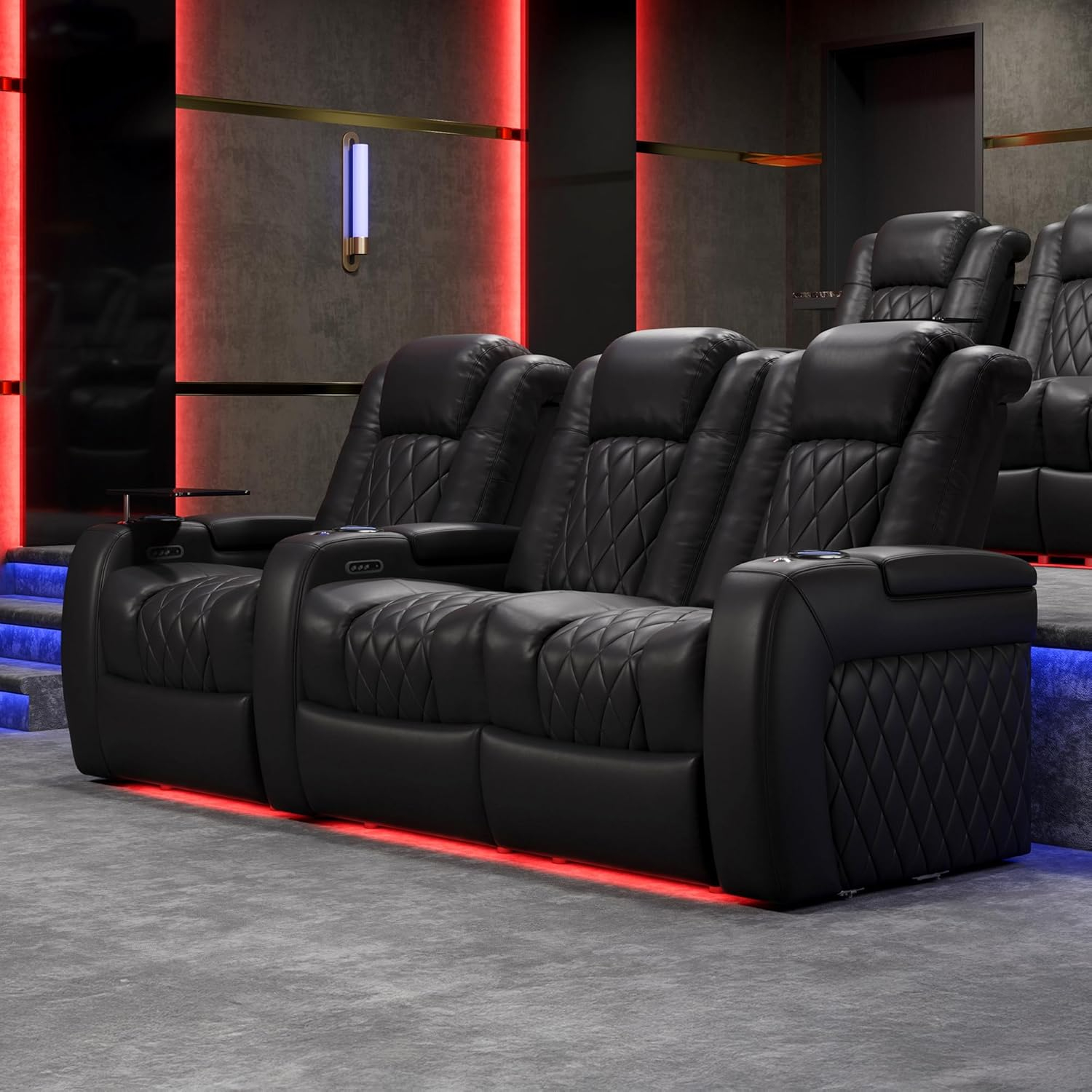 Valencia Tuscany Home Theater Seat - Nappa Leather Power Recliner with Cool Gel Memory Foam, USB-C/USB-A Charging, RGB LED Lights, Adjustable Lumbar & Headrest (Row of 3, Black)