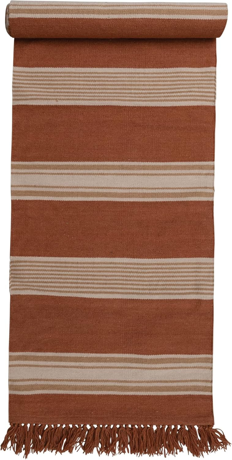 Creative Co-Op Handwoven Wool and Cotton Kilim Floor Runner and Fringe, Sienna and Camel