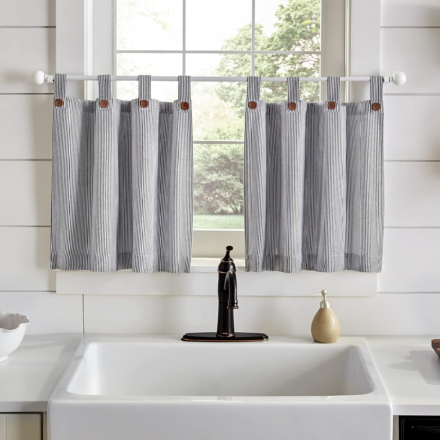 Elrene Tucker Ticking Stripe Kitchen Curtain Tier Set Black 30"w x 24"l