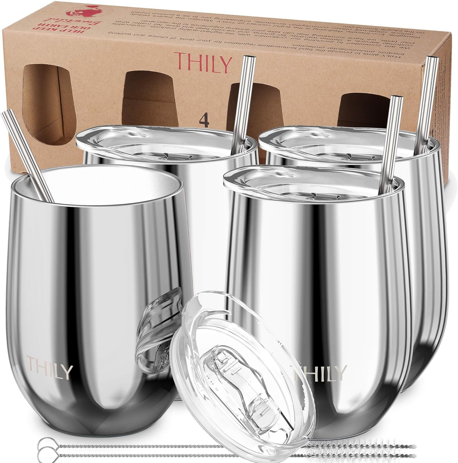 Vacuum Insulated Stemless Wine Tumbler - THILY 4 Pack Stainless Steel Wine Glass with Lid and Straw, Keep Cold or Hot for Coffee, Cocktails, Christmas Birthday Gift, Mirror Silver