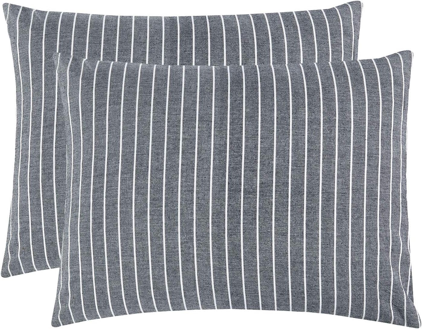 Wake In Cloud - Striped Pillow Cases, 100% Washed Cotton, Ticking Stripe Vertical Pinstripe Neutral Farmhouse, Set of 2 Pillowcases Pillow Shams Covers, Gray, Standard Size 20x26 Inches