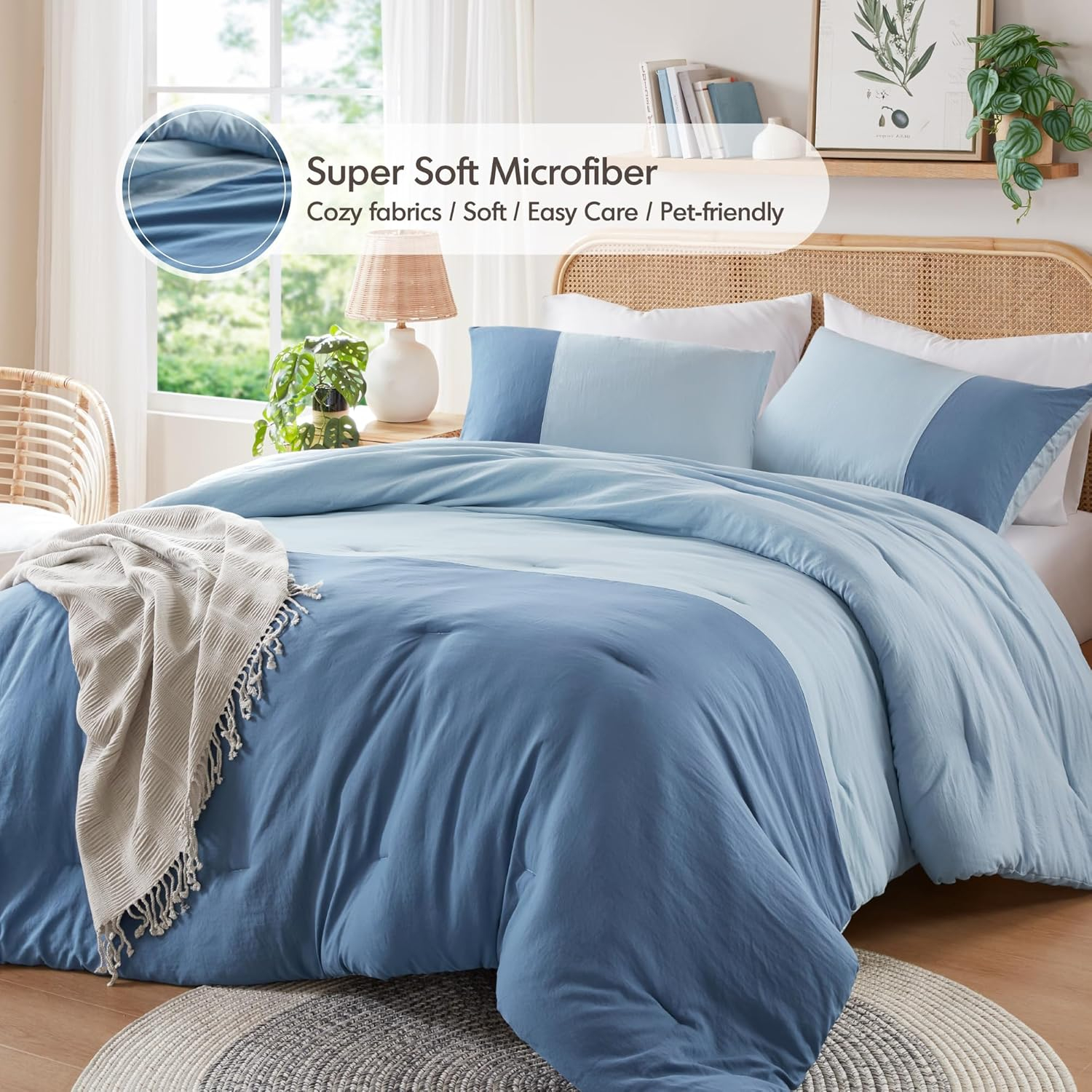 Blue Comforter King Size - Modern Farmhouse Soft Comforters Sets for Men, Masculine Colorblock Pattern Bed Set for All Season, 3 Pieces Includes 1 Comforter, 2 Shams (104"x 90")