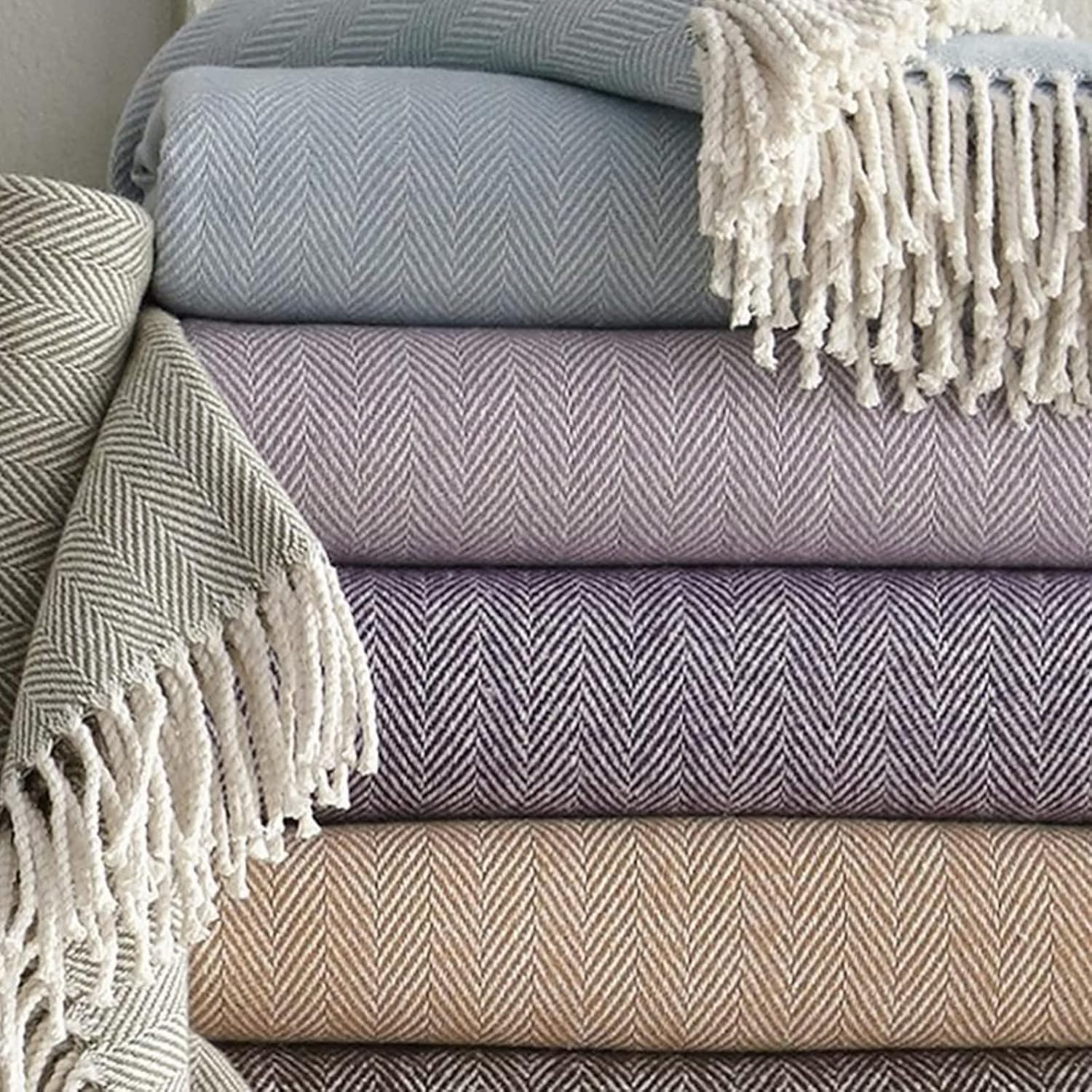 Portuguese Cotton Herringbone Throw Blanket with Fringe - 51"x71"