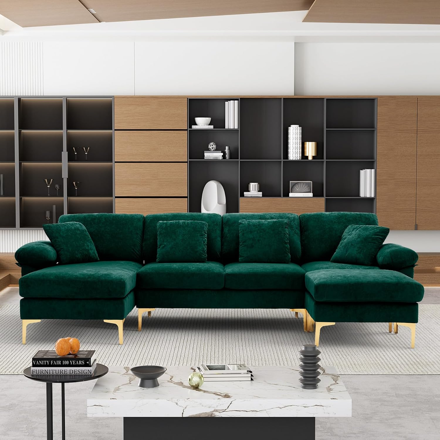 Ouyessir U-Shaped Sectional Sofa, 4 Seat Sofa Set for Living Room, 114 inches Convertible L-Shaped Velvet Couch Set with Chaise Lounge, Ottoman and Pillows