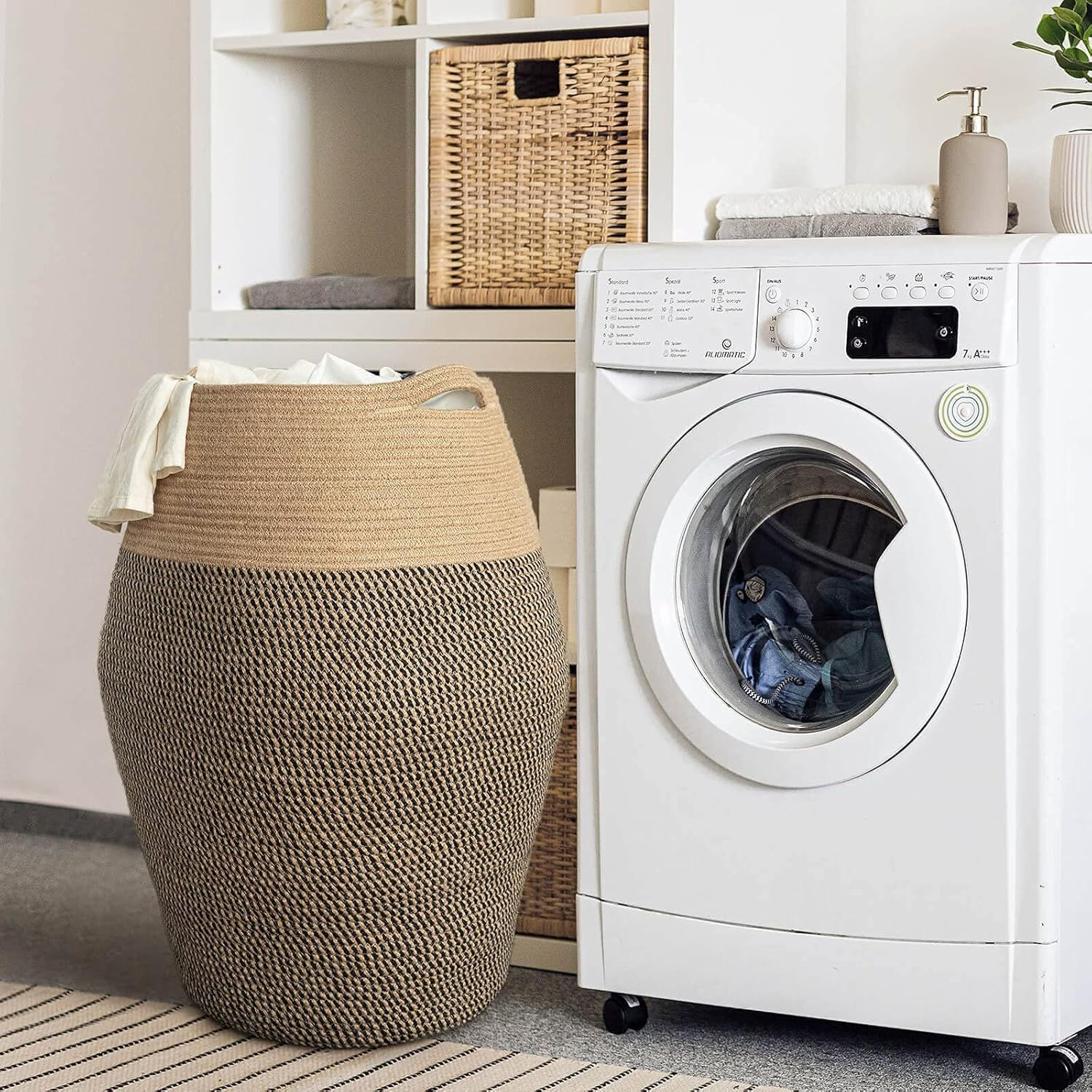 Tall Laundry Hamper | Woven Jute Rope Dirty Clothes Hamper Modern Hamper Basket Large for Laundry Room, 25.6" Height