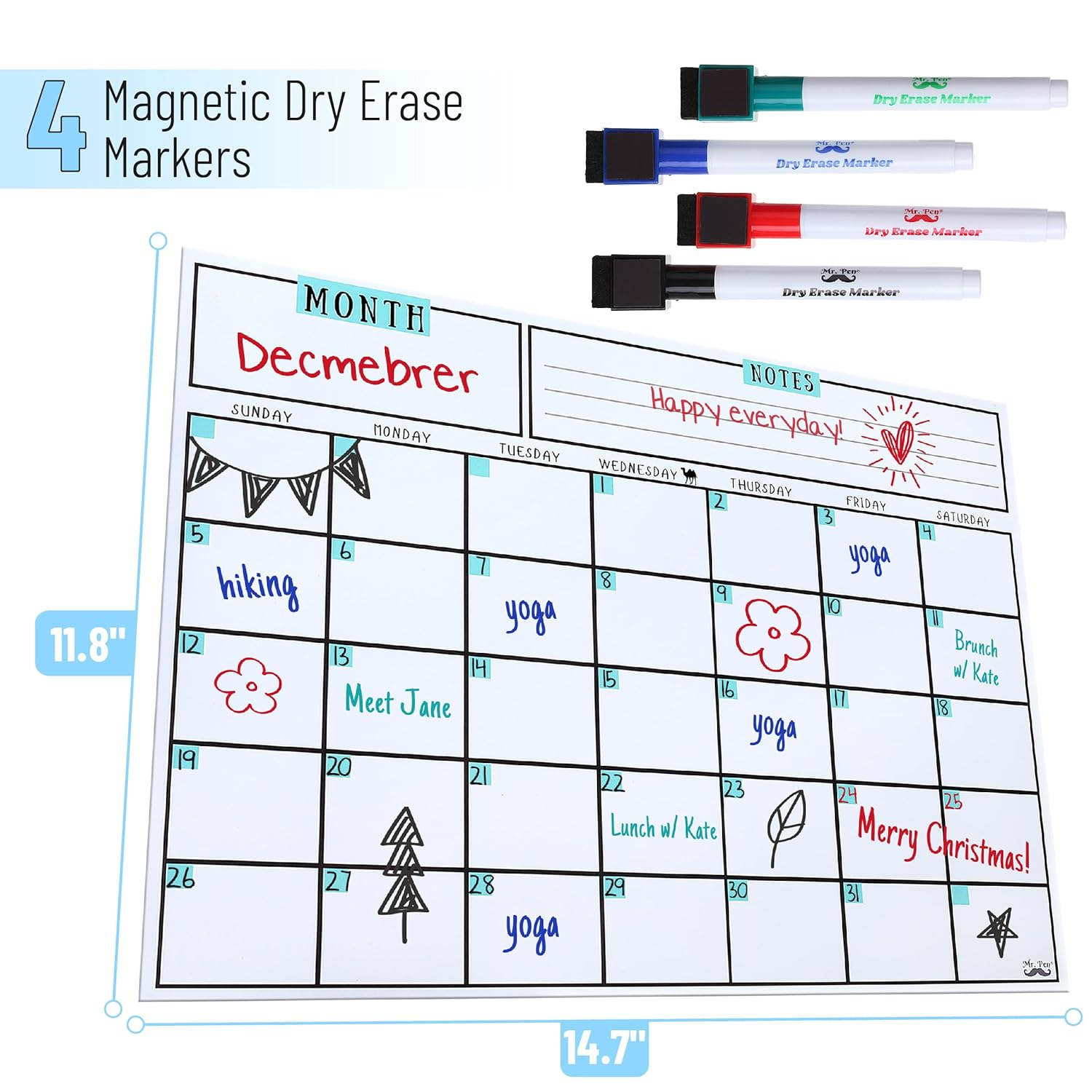 Mr. Pen- Dry Erase Calendar for Fridge, Magnetic, 14.7 x 11.8"