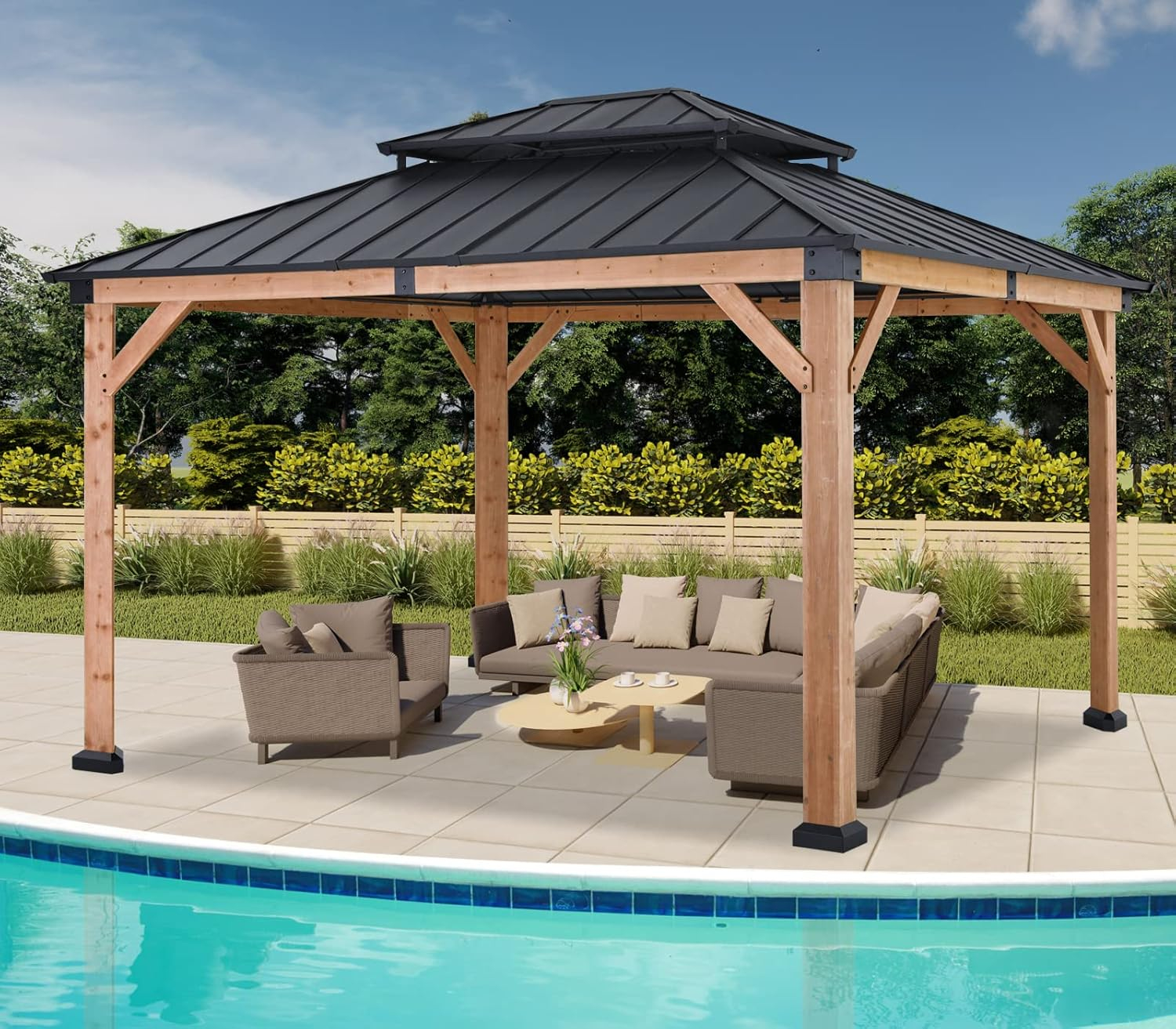11 ft. x 13 ft. Wood Gazebo Matte Black Roof and Natural Wood Frame Gaezbos Black Double Steel Hardtop Roof