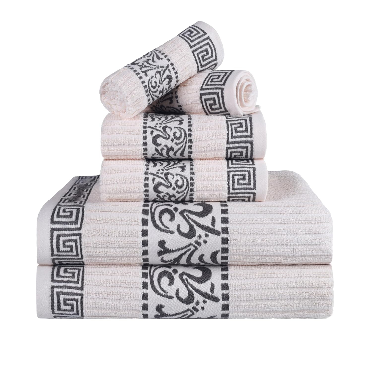 Superior Athens 6-Piece Cotton Greek Scroll Towel Set, Ivory-Gray
