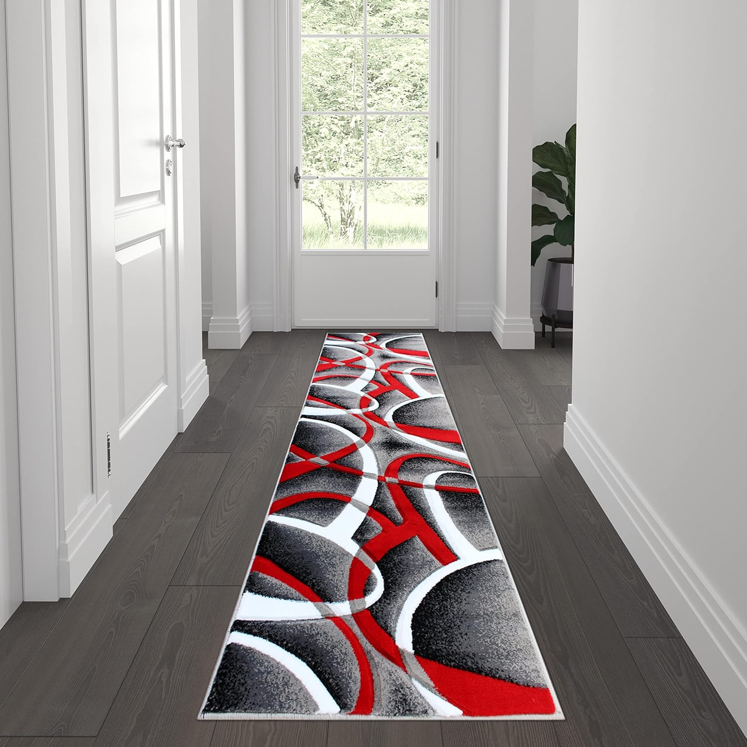 Modern Red and Gray Abstract Round Synthetic Area Rug 5' x 5'