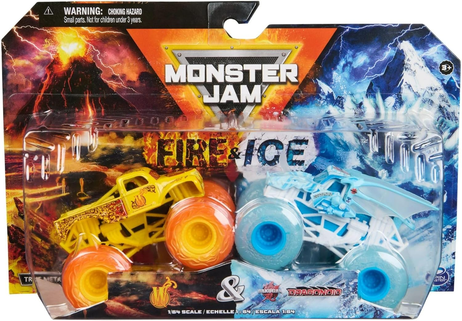 Monster Jam, Official Fire & Ice, Whiplash and Bakugan Dragonoid Die-Cast Monster Trucks, 1:64 Scale, Kids Toys for Boys Ages 3 and up