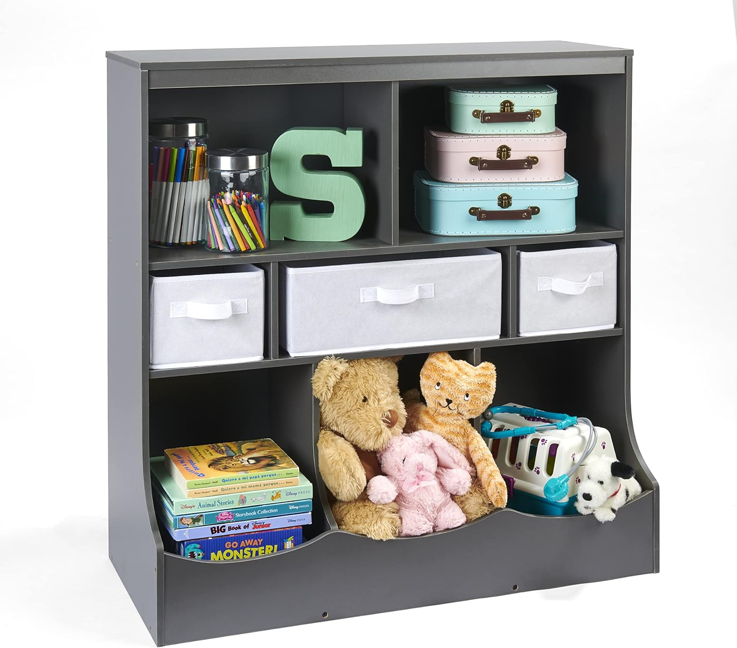 Badger Basket Combo Bin Wood Toy Storage Organizer with Three Baskets 8.6 Cu ft. - Charcoal