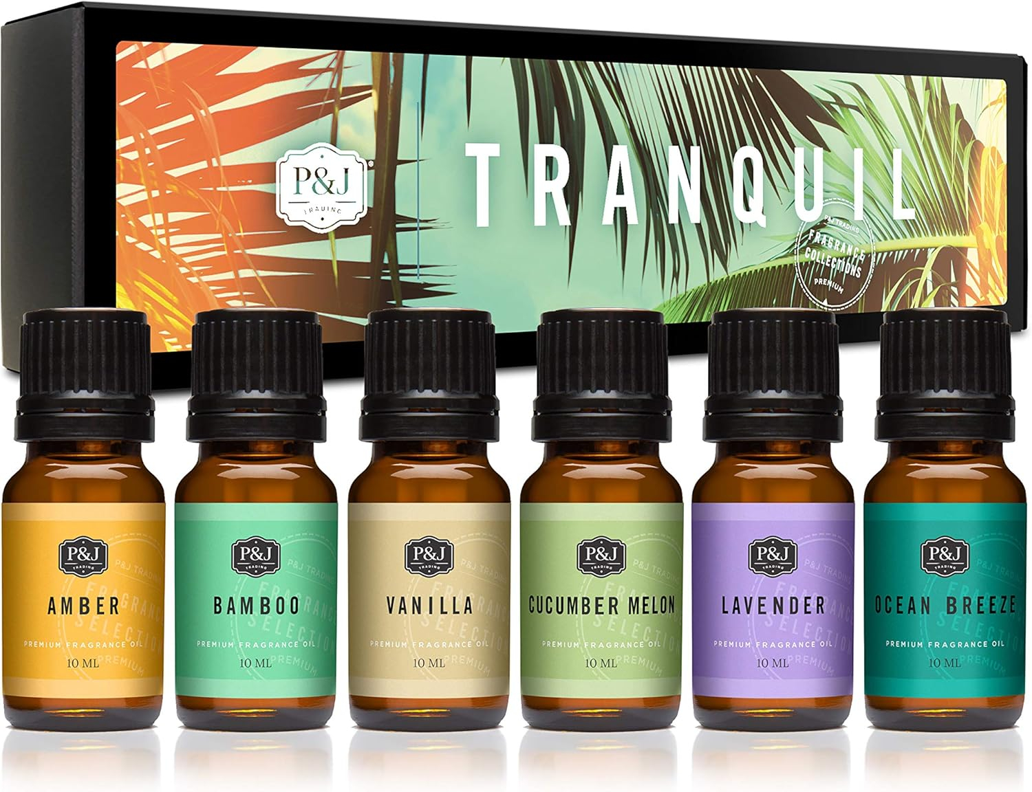 Tranquil Set of 6 Fragrance Oils - Premium Grade Scented Oil - 10ml - Vanilla, Cucumber Melon, Lavender, Amber, Bamboo, Ocean Breeze