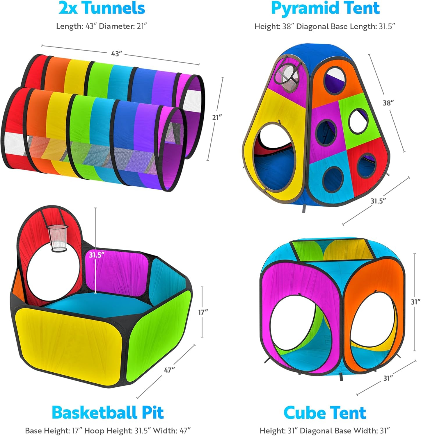 Playz 5pc Kids' Play Tents & Tunnels - Ball Pit for Toddlers, Basketball Hoop, Crawling Tubes, Pop-Up Playhouses, Baby Obstacle Course for Indoor or Outdoor Use