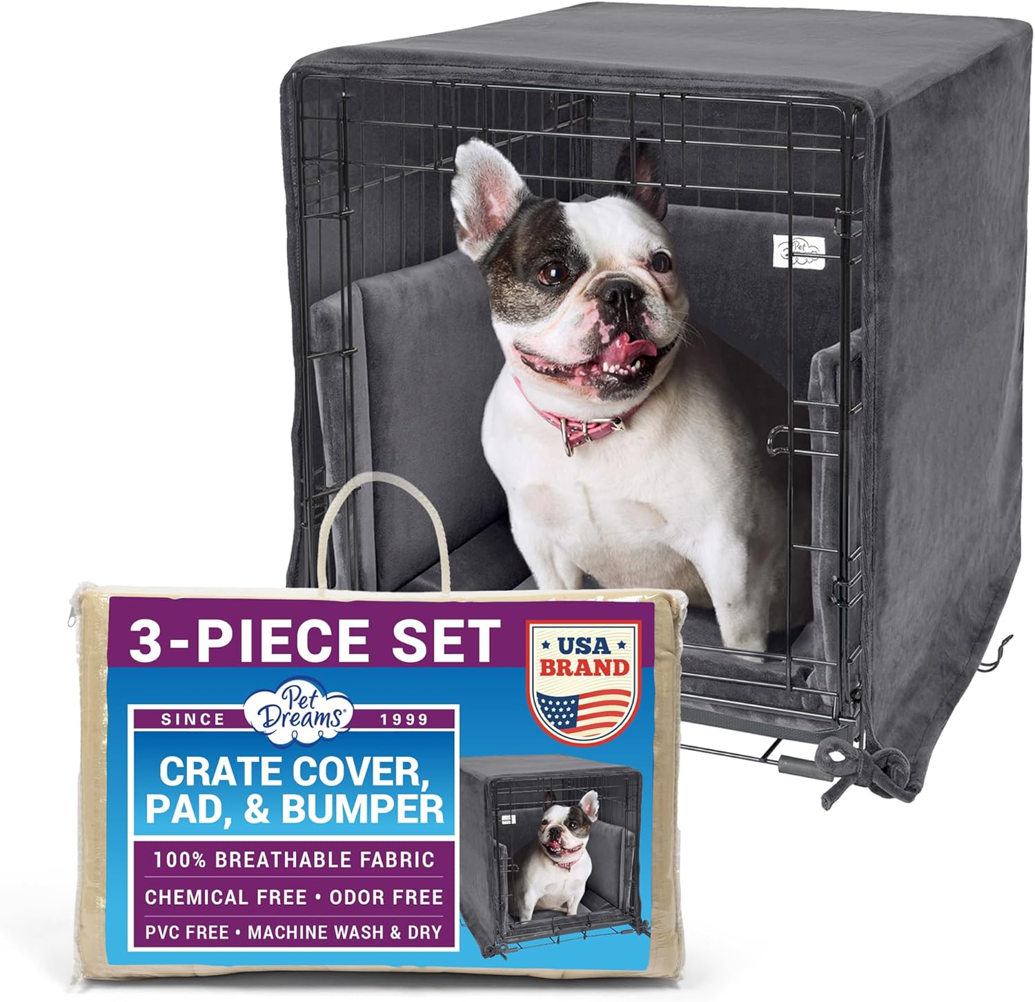 Pet Dreams 3-Piece Set Includes Dog Crate Cover, Dog Mat & Bumper Pad- Washable Kennel Bedding fits iCrate Dog Cages 24, 30, 36, 42 Inch Grey, Small, 24"
