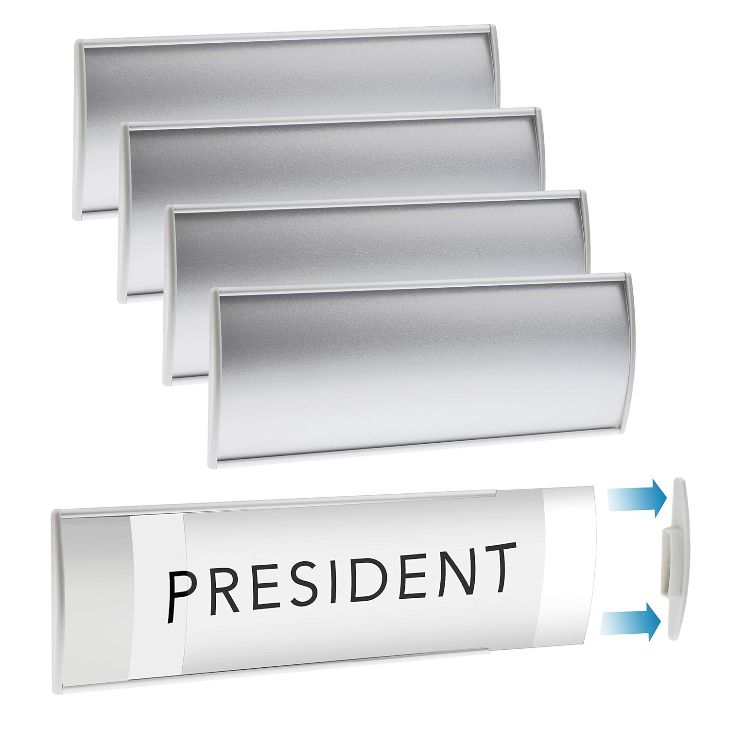 Set of 6 –Sturdy & Elegant Silver Aluminum Wall Mount Name Plate Holder, Office Business Door Curved Sign Holder with Adhesive Tape, 8” X 3” - Plastic Film Included, Paper Inserts NOT Included