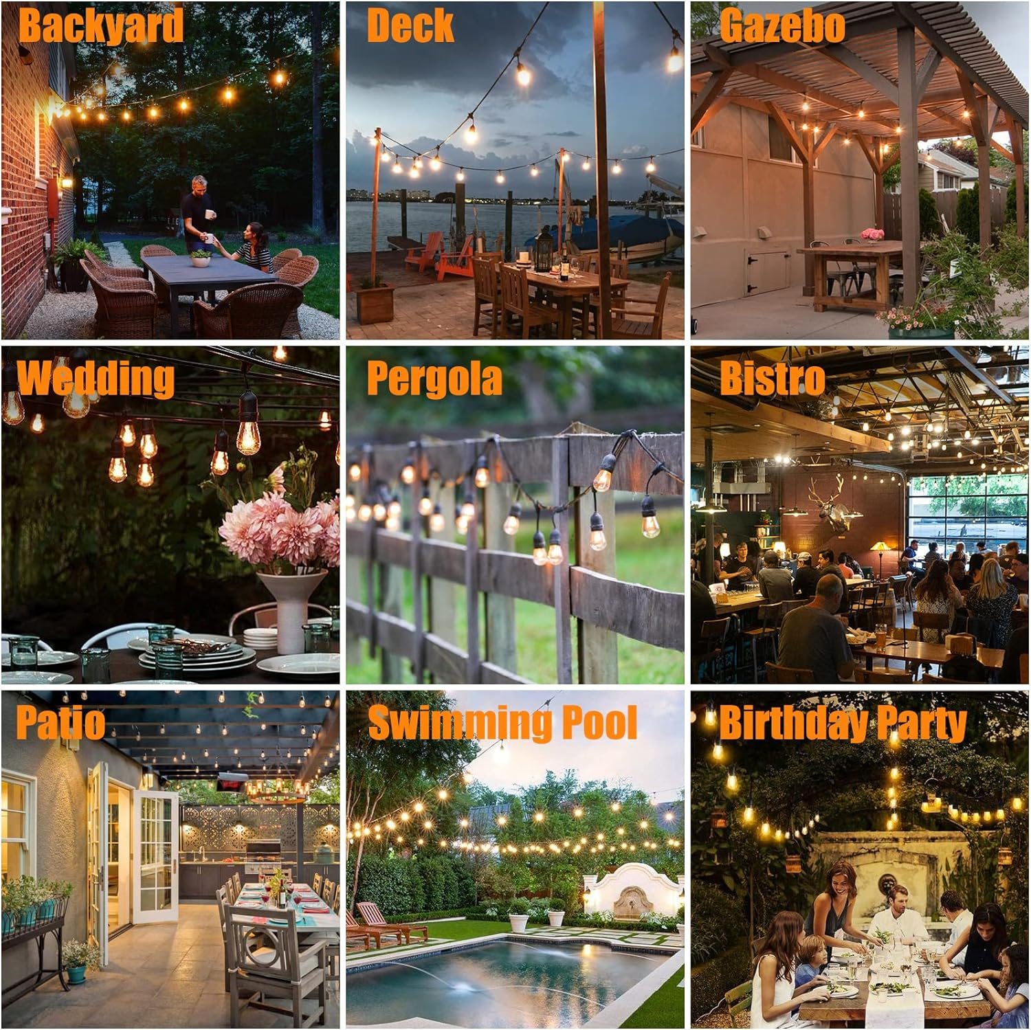 Achin Outdoor String Lights 48FT Dimmable Warm 2200K LED Patio Lights Outdoor Waterproof with 16 Plastic Bulbs Shatterproof String Lights for Outside Deck Gazebo Bistro Lights