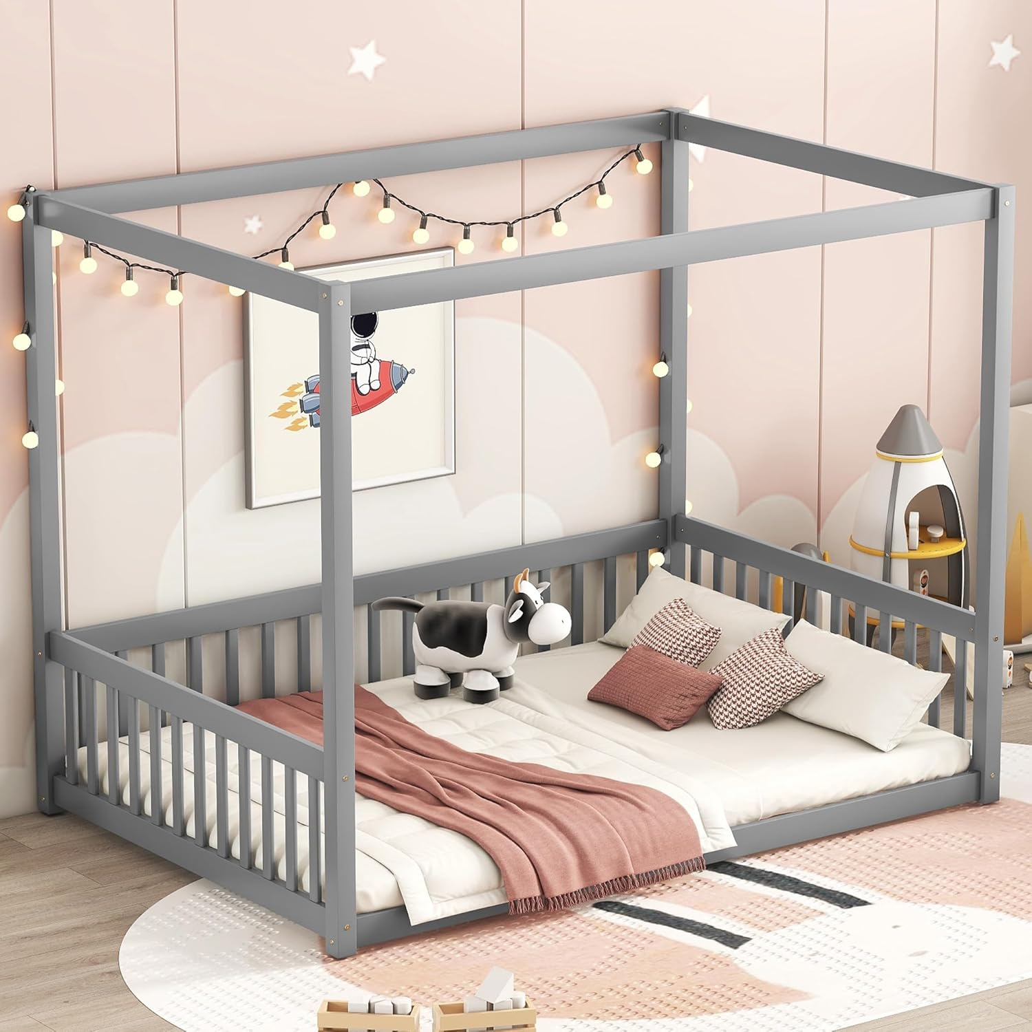 Canopy Frame Twin Size Floor Bed for Kids Bedroom,Wood Bed Frame with Fence for Boys/Girls/Teens,No Box Spring Needed,Natural