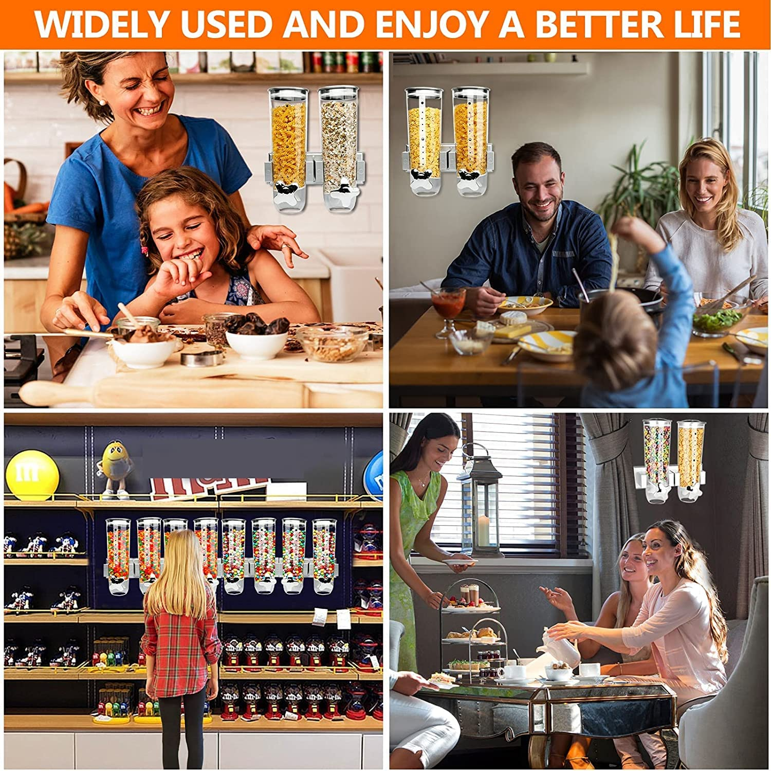 Cereal Dispenser Wall Mounted, Large Dry Food Dispenser with Cup, Grains Dispenser Wall Mounted, Candy Dispenser Wall Mount for Store Food Coffee Beans Nuts Snacks, Kitchen Cereal Storage Container 3L