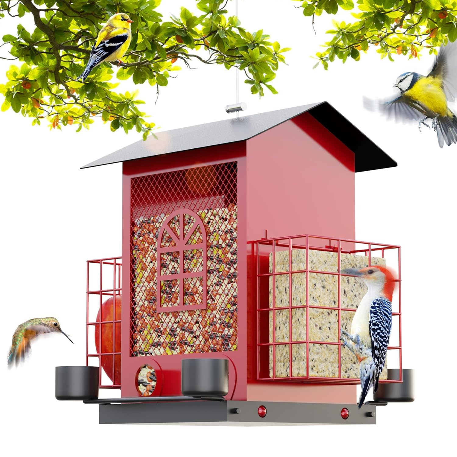 PerchMe® Bird Feeders for Outdoors Hanging, Metal Bird House Feeder with 2 Suet Cage and 4 Water Cups,Large Capacity,Weatherproof,Easy to Clean & Refill-Red
