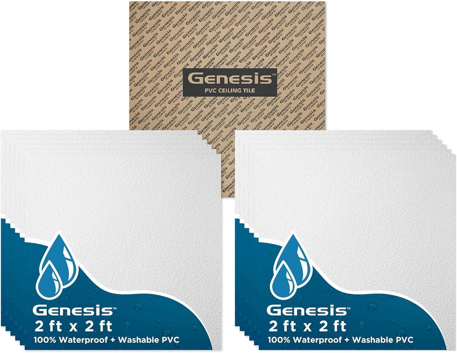 Genesis 2ft x 2ft White Stucco Pro Ceiling Tiles - Easy Drop-in Installation - Waterproof, Washable and Fire-Rated - High-Grade PVC to Prevent Breakage - Package of 12 Tiles