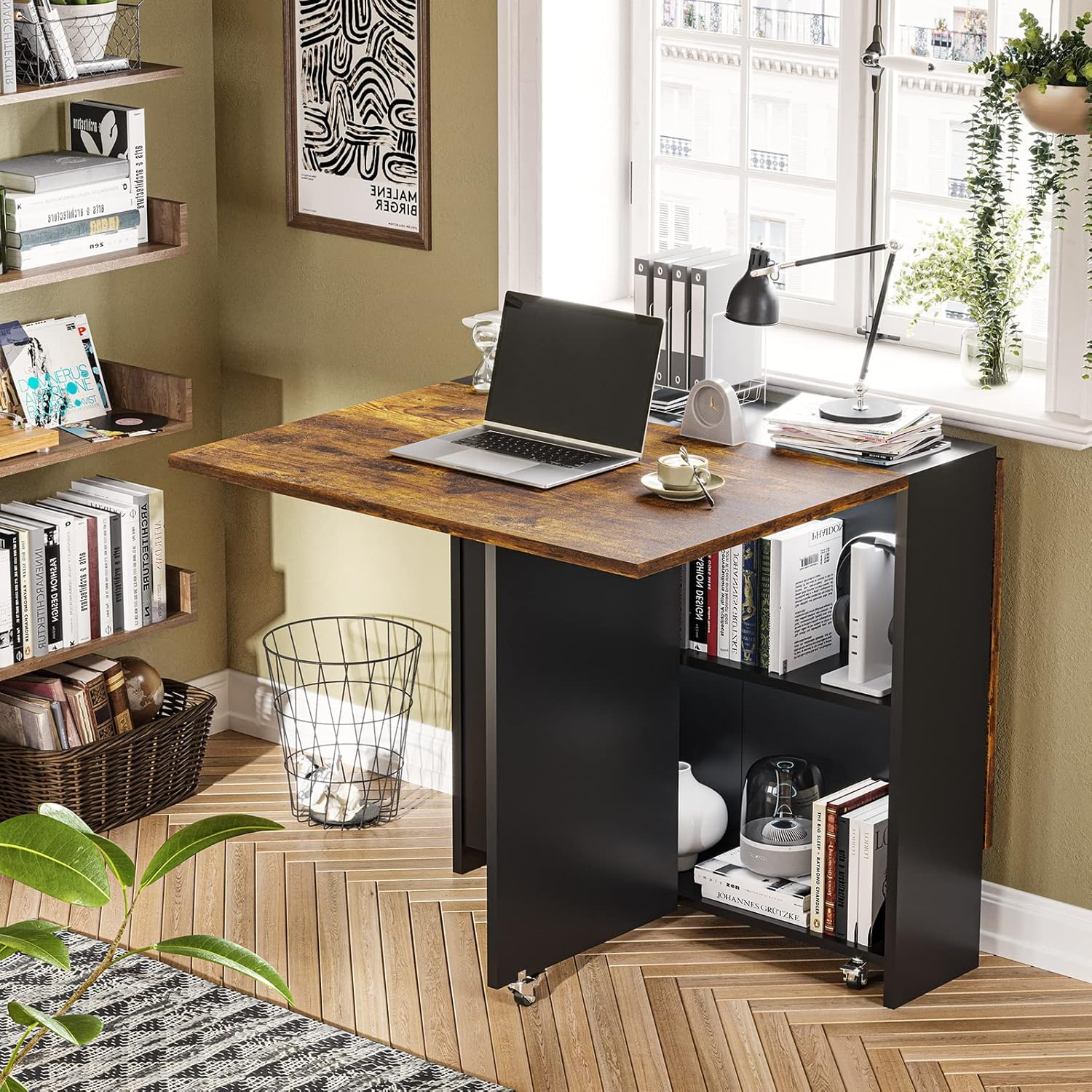 Tiptiper Folding Dining Table with 6 Wheels, Drop Leaf Tables for Small Spaces, Foldable Dining Table with 2-Layer Storage Rack, Folding Kitchen Table, Rustic Brown and Black