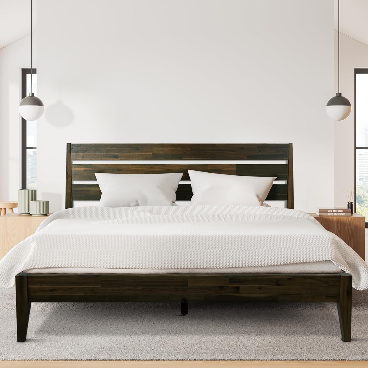 Acacia Acacia Bed Frame with Headboard Solid Wood Platform Bed