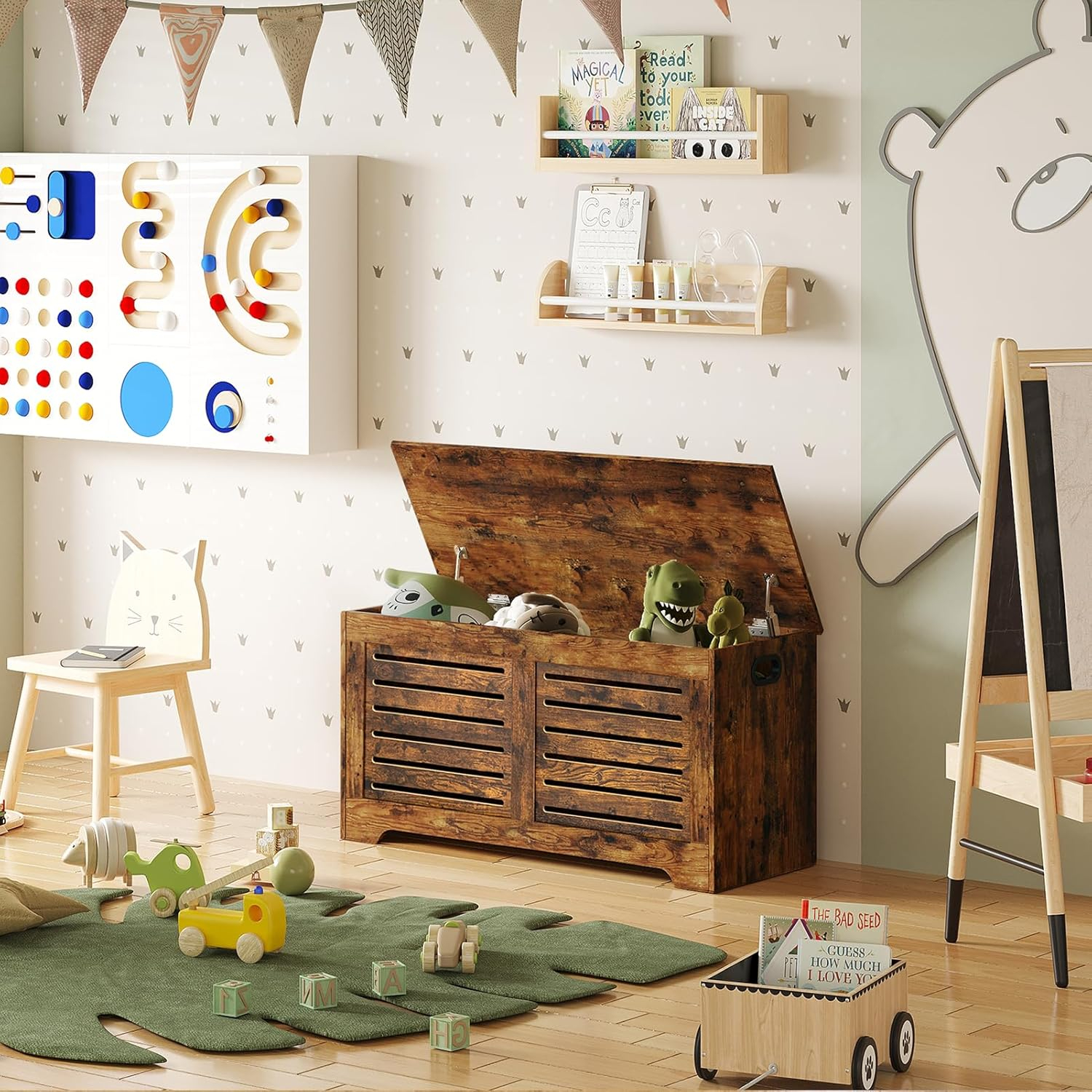 DINZI LVJ Storage Chest, Flip-Top Wooden Toy Box with 2 Safety Hinges, Retro Entryway Shoe Bench, Sturdy Large Storage Trunk for Living Room, Bedroom, Toddler Room, Easy Assembly, Rustic Brown