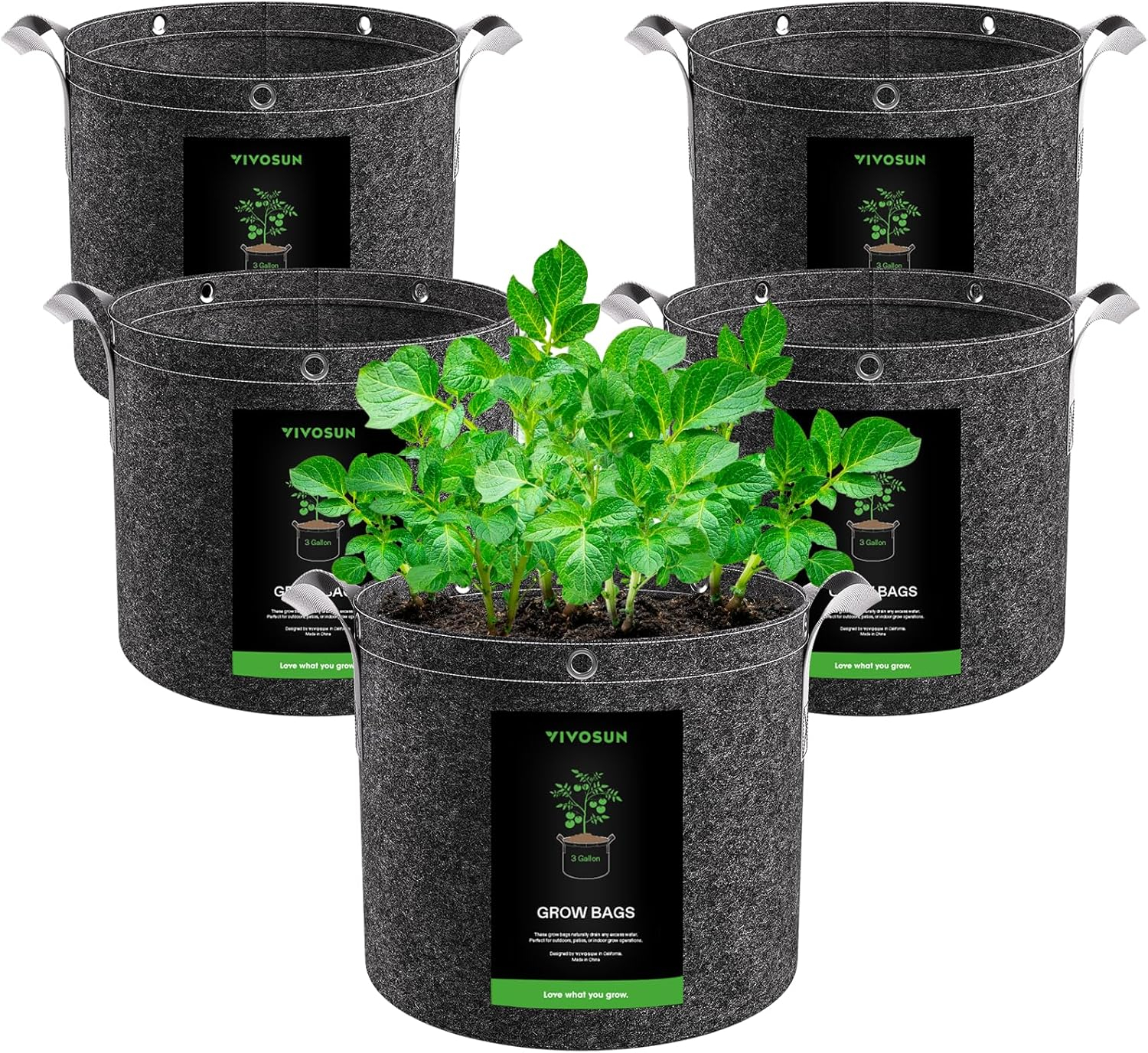 VIVOSUN 5-Pack 3 Gallon Grow Bags, 500G Thick Nonwoven Fabric Pots with Strap Handles, Multi-Purpose Rings, for Low Stress Plant Training Fruits, Vegetables, and Flowers