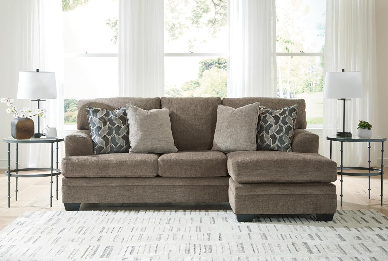 Nutmeg Fabric Sofa Chaise with Flared Arms and Ottoman