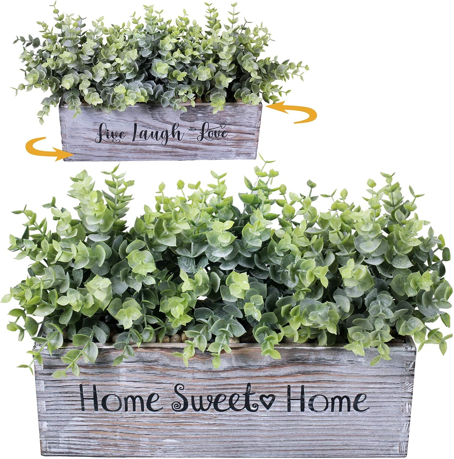 1 Pcs Wooden Potted Eucalyptus Plant Greenery Arrangement Artificial Eucalyptus Plant in Rectangular Wood Planter Box for Rustic Farmhouse Indoor Centerpiece Tabletop Window Sills Kitchen Shelf Decor