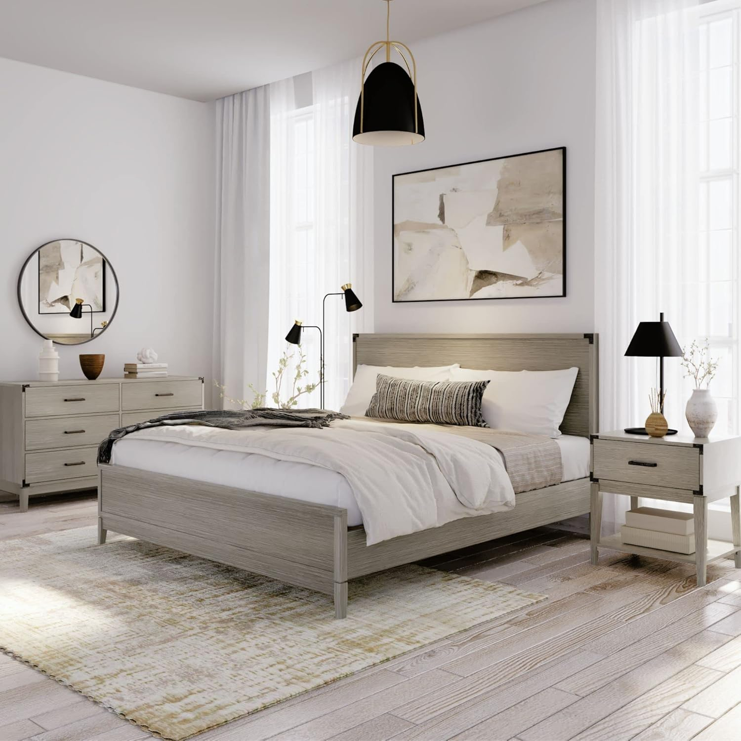 Plank+Beam Solid Wood Contemporary  King Size Platform Bed, Seashell Wirebrush