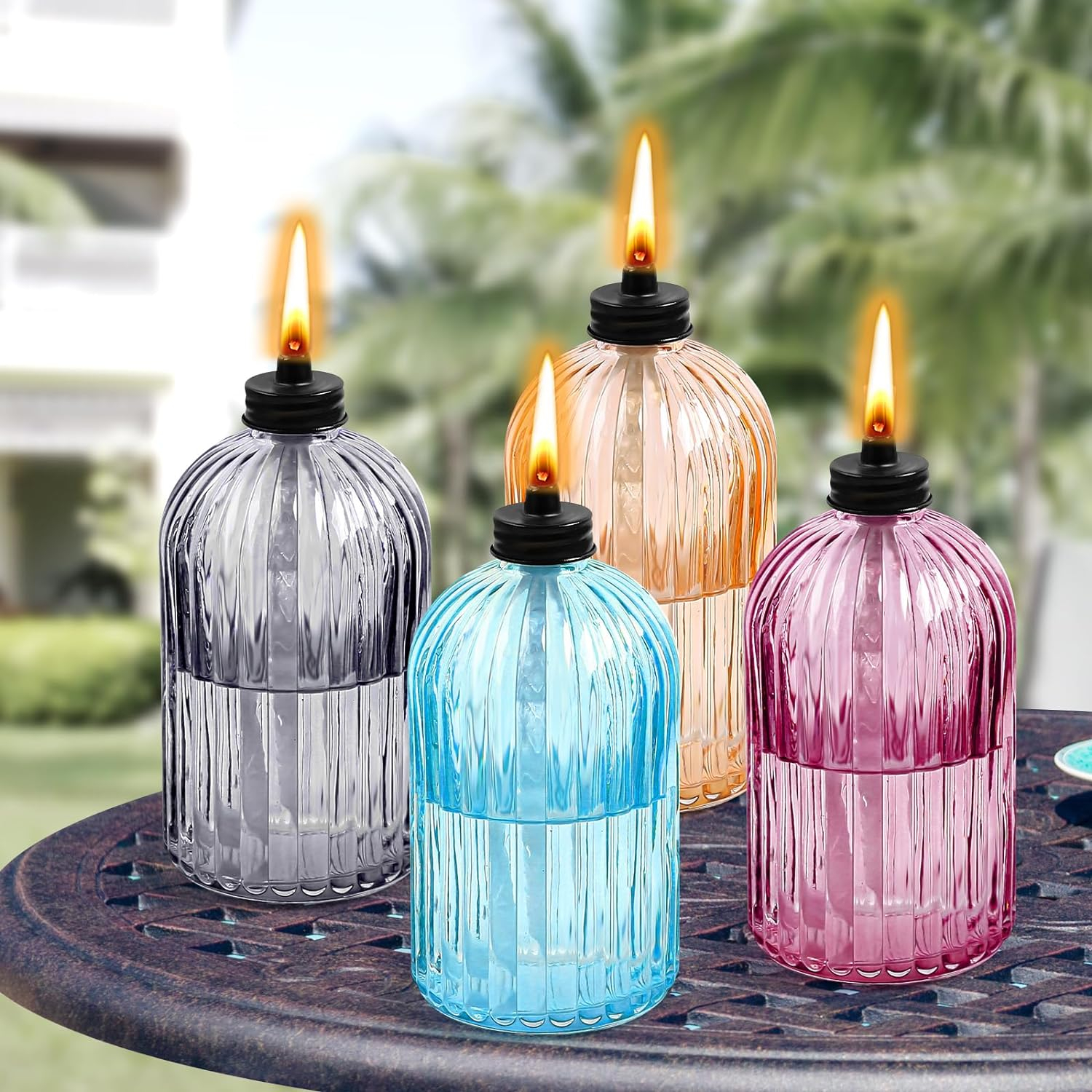 TRAHOO-4 Pack Glass Table top Torch,13.5 oz Citronella Torches for Outside,Refillable Flame Light Torch with Wicks and Covers, Landscape Lanterns Torches for Yard,Patio, Garden,Party Decor, DIY.