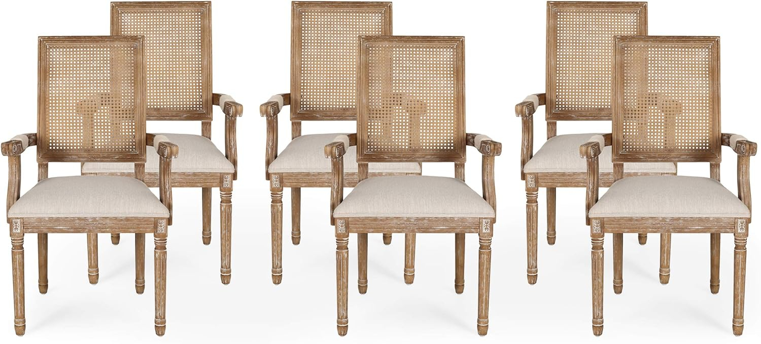 Light Gray Upholstered Arm Chair with Natural Cane and Wood Frame