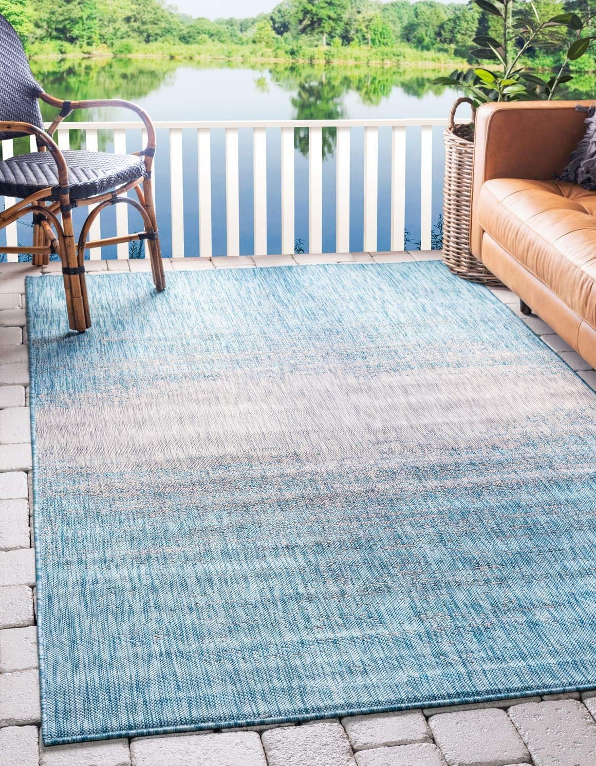 Unique Loom Outdoor Modern Collection Area Rug - Ombre (9' x 12' 2" Rectangle Aqua/Ivory)