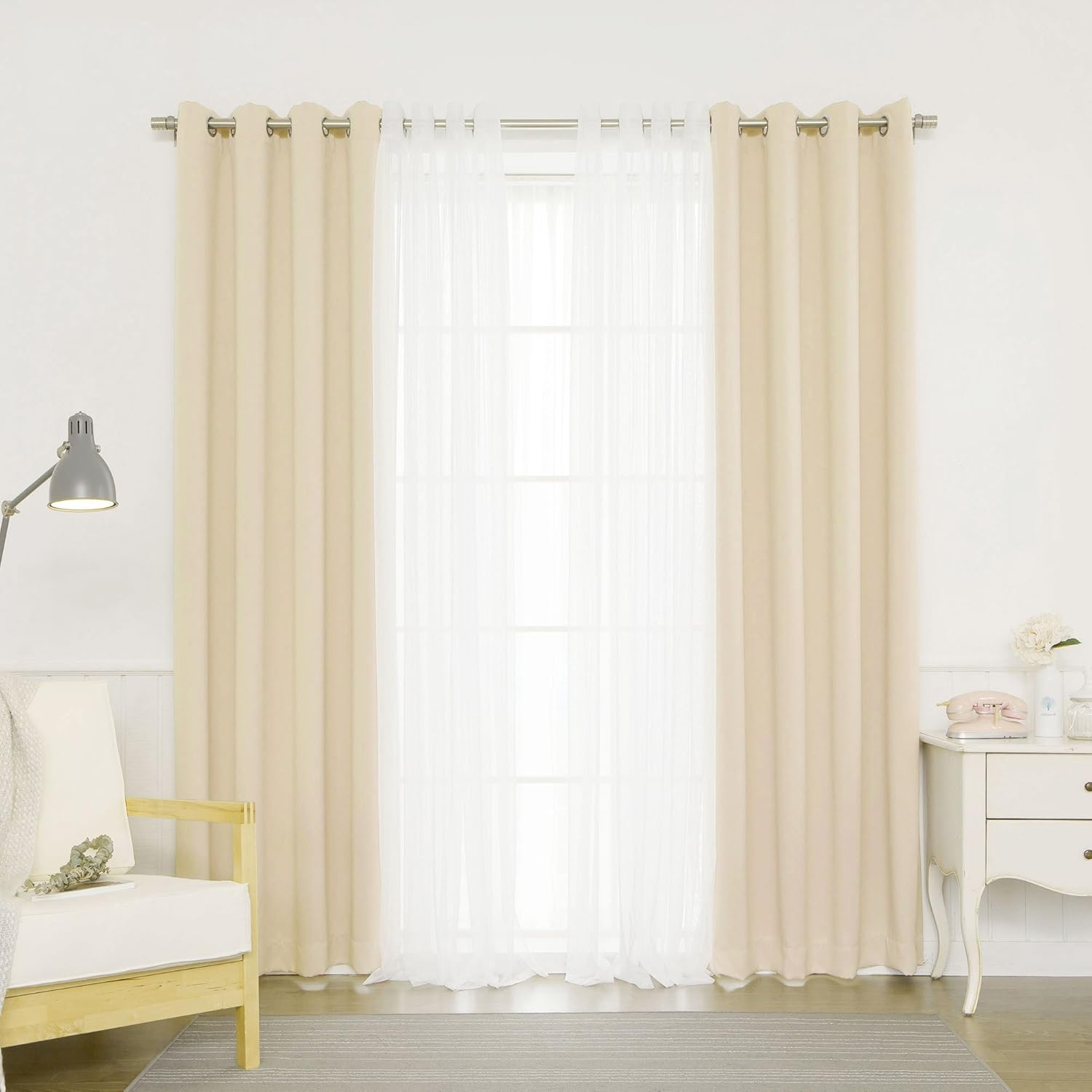 Best Home Fashion uMIXm Mix and Match Tulle Sheer Lace & Solid Blackout 4 Piece Curtain Set â€“ Stainless Steel Nickel Grommet Top (52" W x 96" L â€“ Each Panel, Beige)