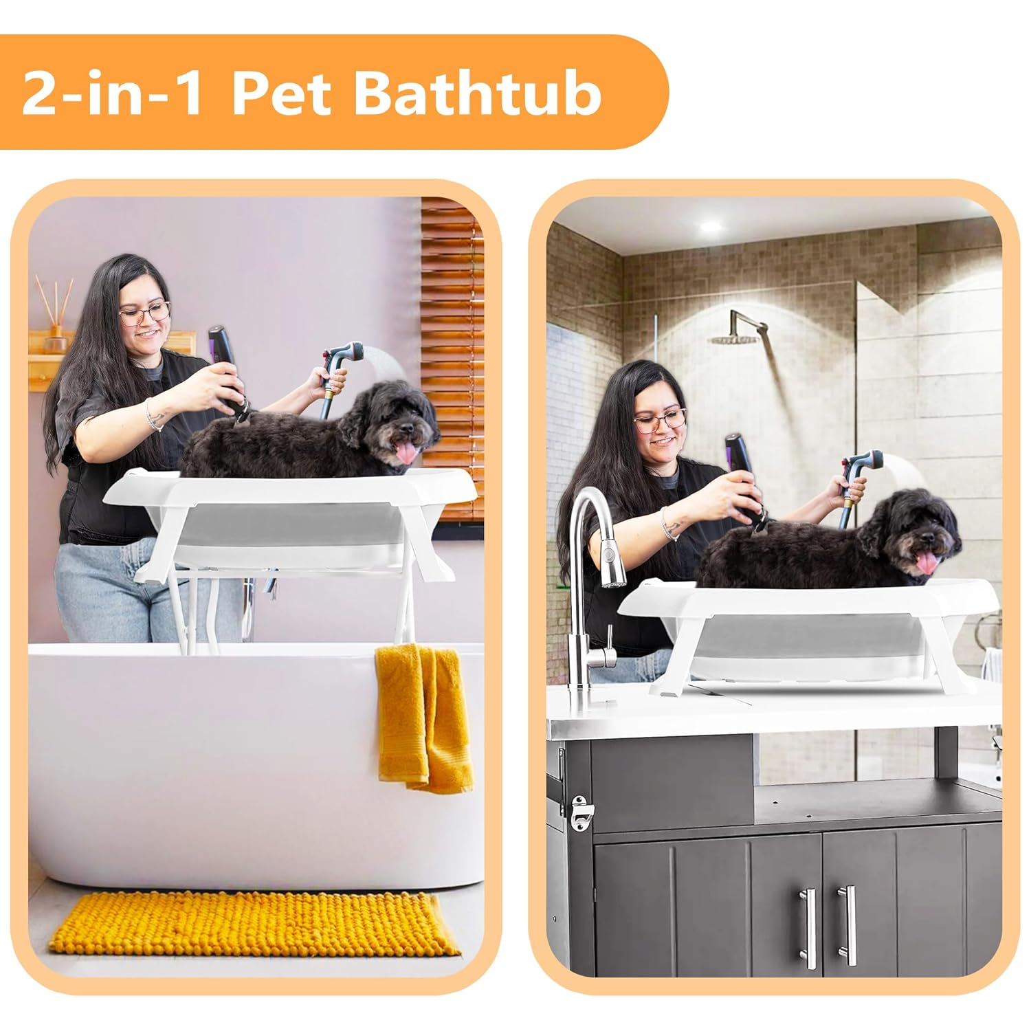 Dog Bathtub 2 in 1, 34 x 19 Inch Dog Washing Station Portable, Dog Bath for Shower and Grooming, Dog Tub for Medium Dogs, Cats, Indoor and Outdoor, White