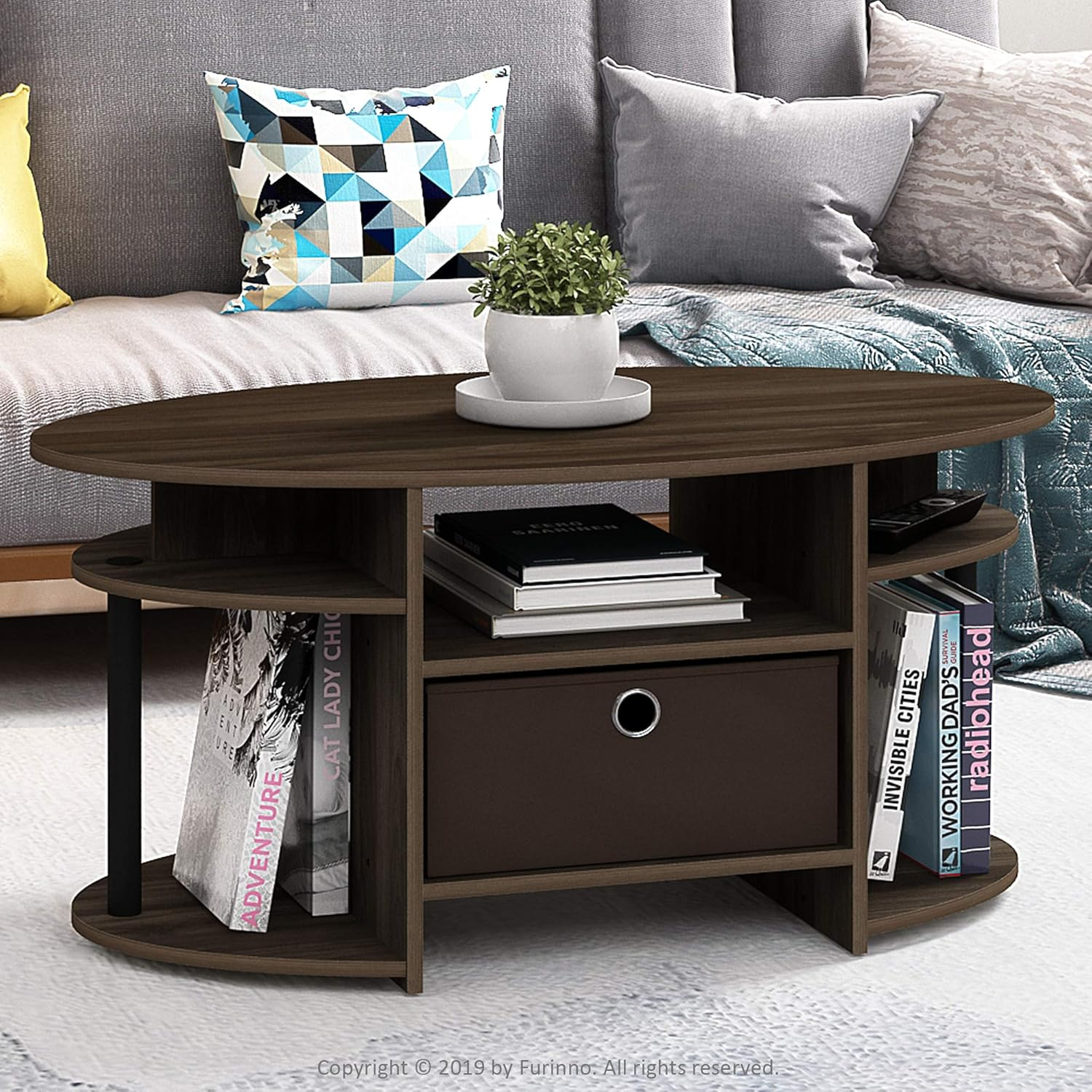Furinno JAYA Simple Design Oval Coffee Table with Bin, Columbia Walnut/Black/Dark Brown