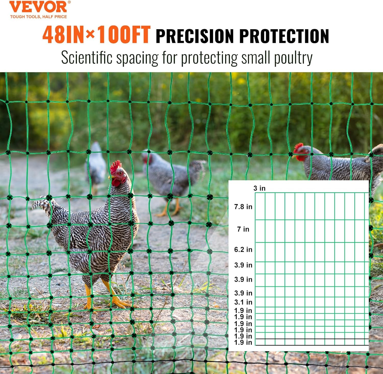 VEVOR Electric Fence Netting, 48" H x 100' L, PE Net Fencing Kit with Posts & Double-Spiked Stakes, Utility Portable Mesh for Chickens, Ducks, Geese, Rabbits, Used in Backyards, Farms, and Ranches