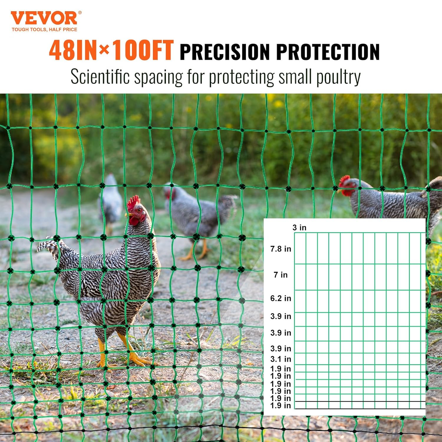 VEVOR Electric Fence Netting, 48" H x 100' L, PE Net Fencing Kit with Posts & Double-Spiked Stakes, Utility Portable Mesh for Chickens, Ducks, Geese, Rabbits, Used in Backyards, Farms, and Ranches