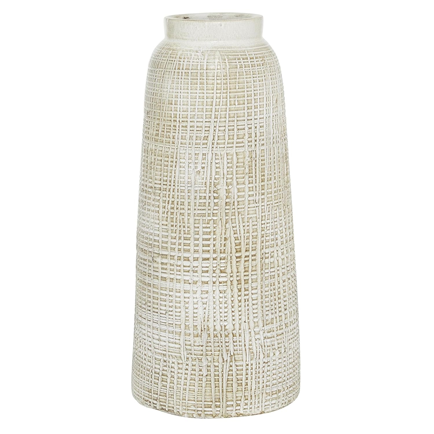 DecMode 11" Carved White Ceramic Vase with Crosshatch Design