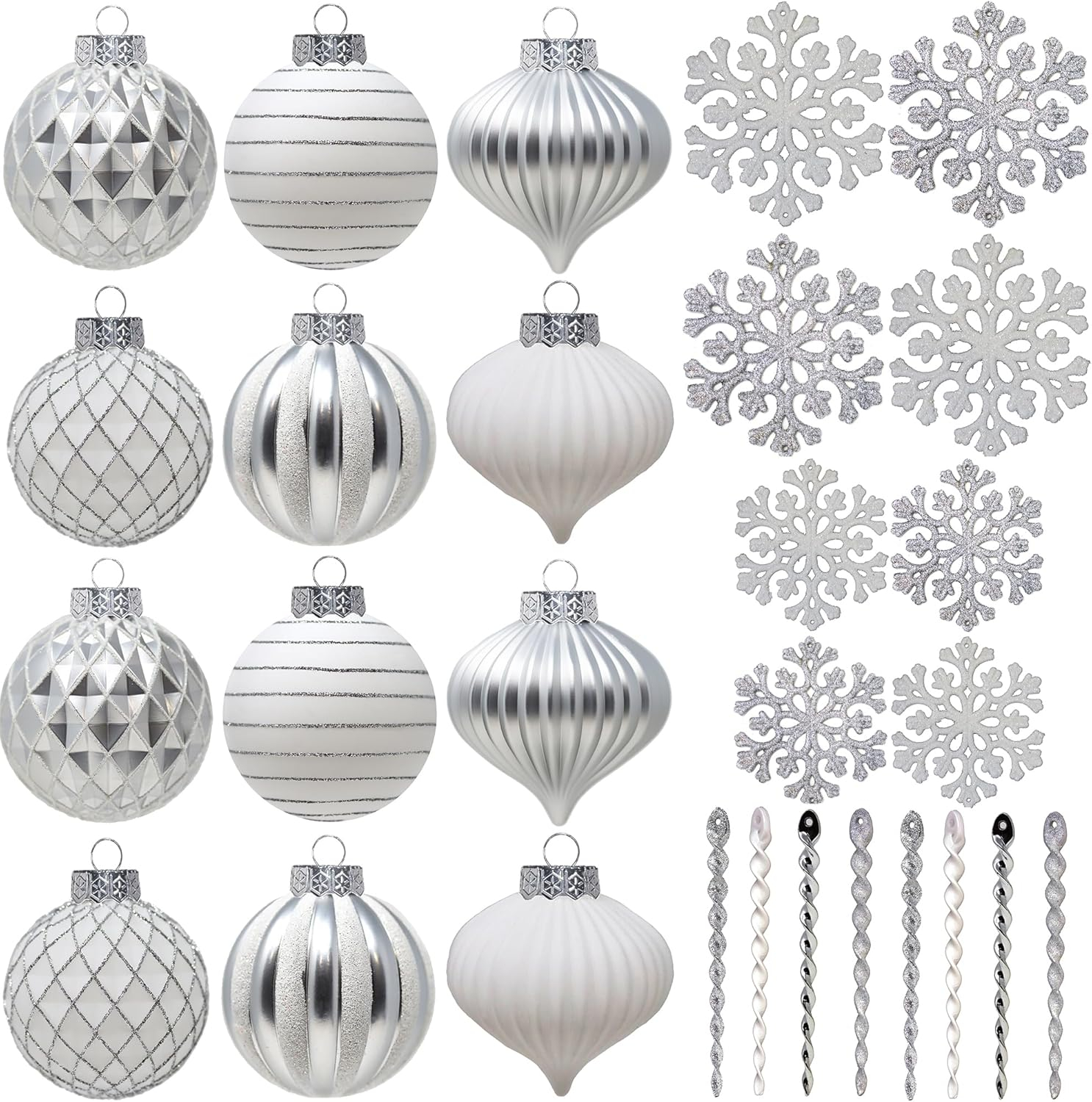 SLEETLY 28pk White Silver Christmas Ball Ornaments for Tree Decorations - Holiday Xmas Shatterproof Plastic Balls, Icicles and Snowflakes Ornament Set