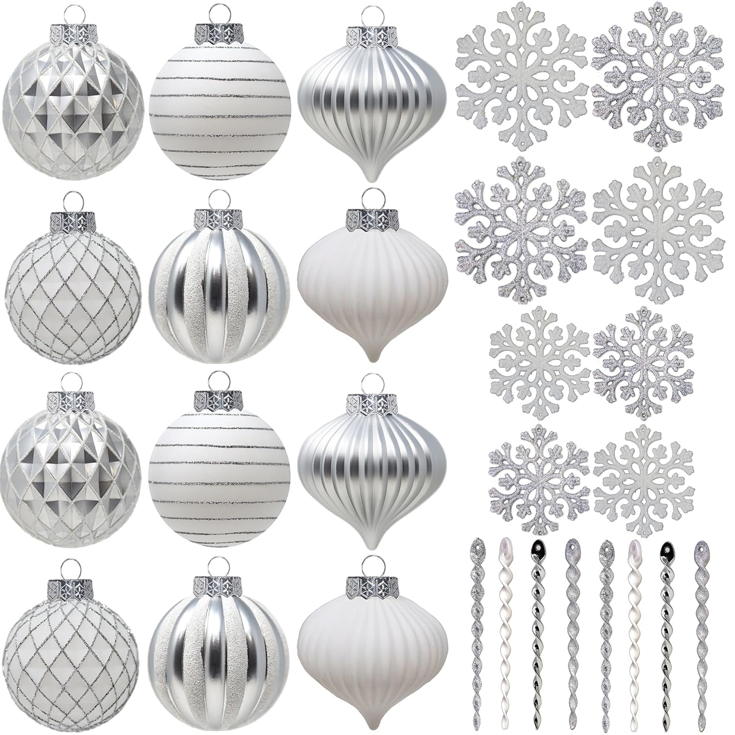 SLEETLY 28pk White Silver Christmas Ball Ornaments for Tree Decorations - Holiday Xmas Shatterproof Plastic Balls, Icicles and Snowflakes Ornament Set