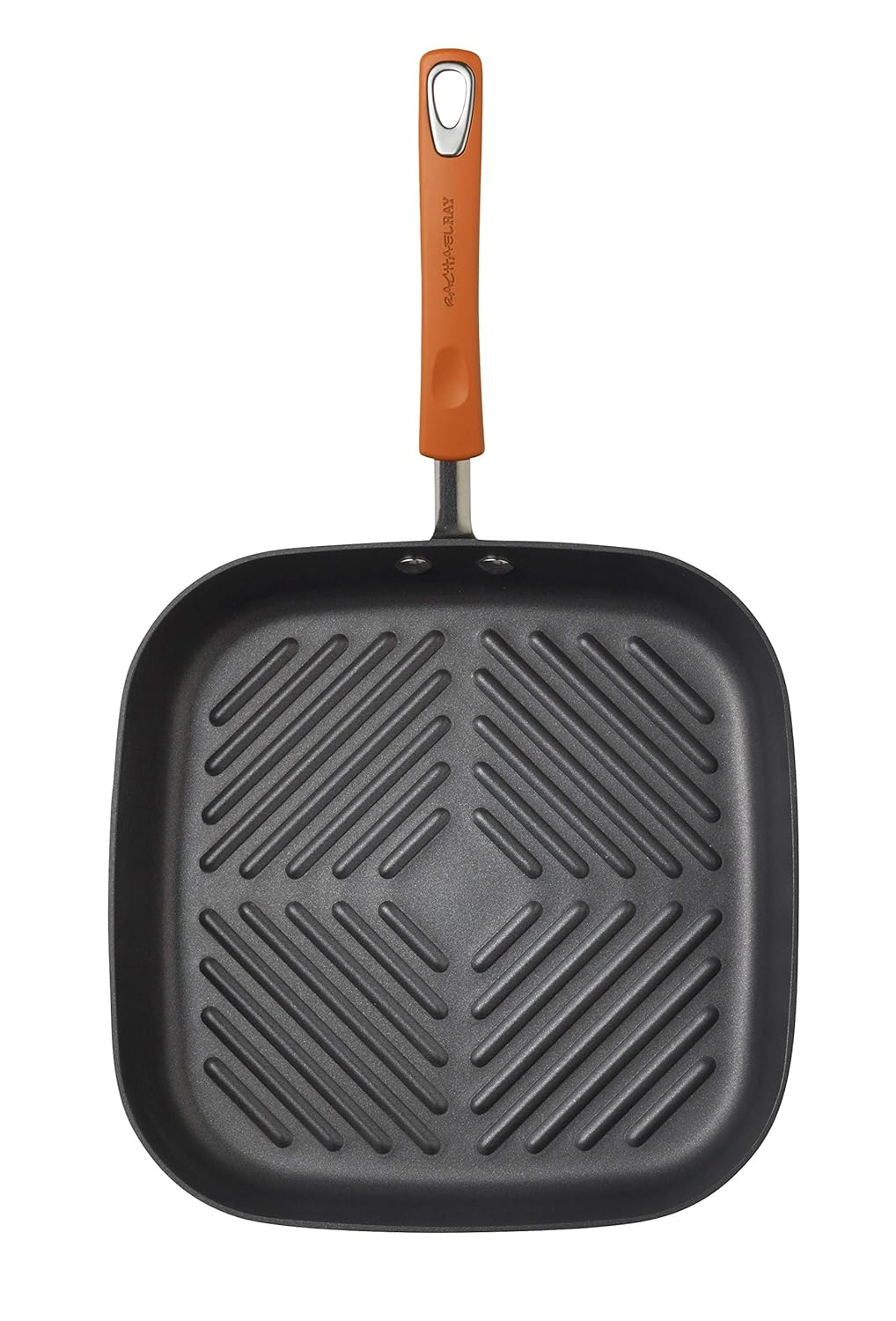 Rachael Ray 11-Inch Hard-Anodized Nonstick Deep Square Grill Pan, Gray with Orange Handle