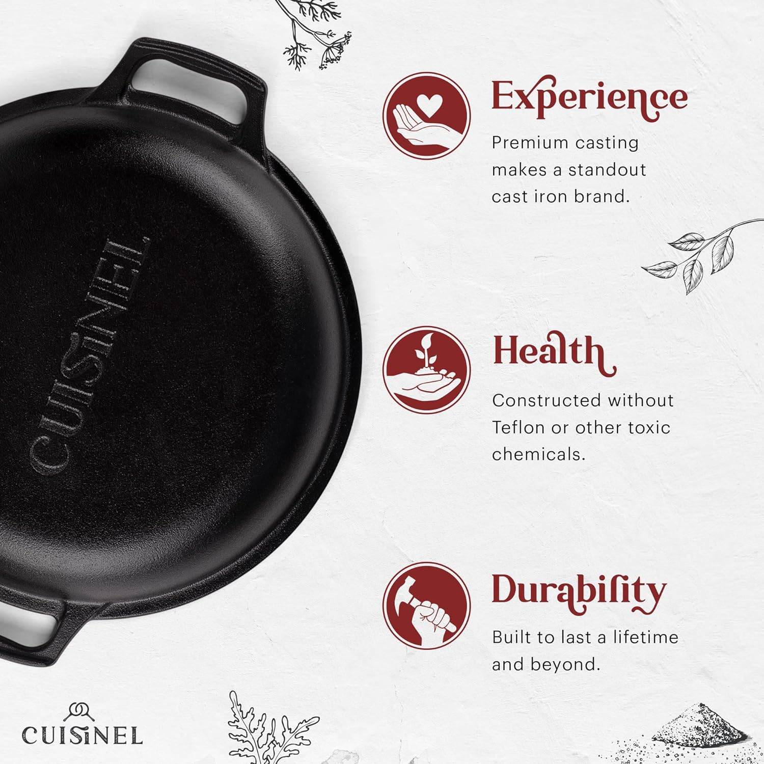 Cuisinel Cast Iron Dutch Oven 7-Quart - Pre-Seasoned 2-in-1 Deep Pot Multi-Cooker - Combo Lid Doubles as 12" Skillet Frying Pan + Silicone Handle Covers + Scraper/Cleaner - Indoor/Outdoor Cookware