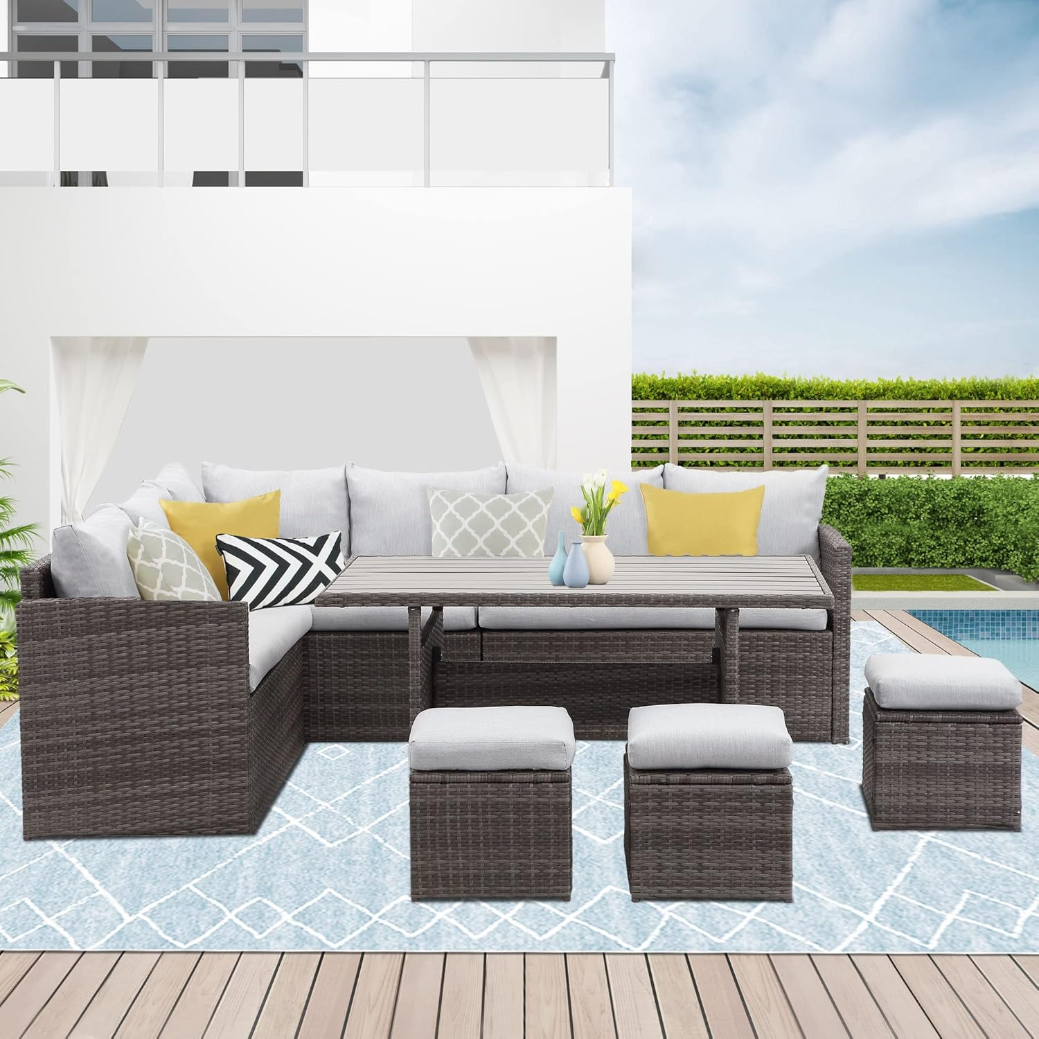 CozyHom 7 Pcs Outdoor Patio Sectional Dining Table Furniture Sofa Sets All Weather PE Wicker Rattan Conversation Set With Ottoman and Cushions, Gray